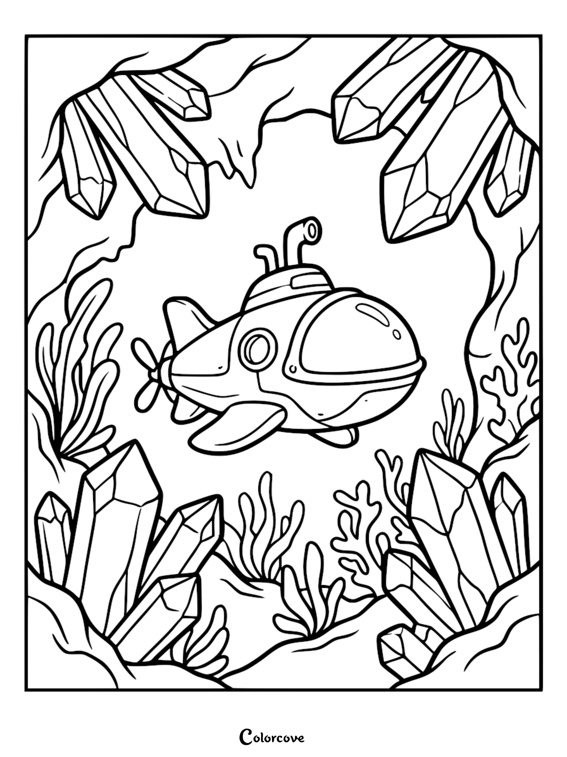 A cute cartoon submarine navigating through a magical underwater crystal cave with jagged crystals and seaweed, printable coloring page for kids.