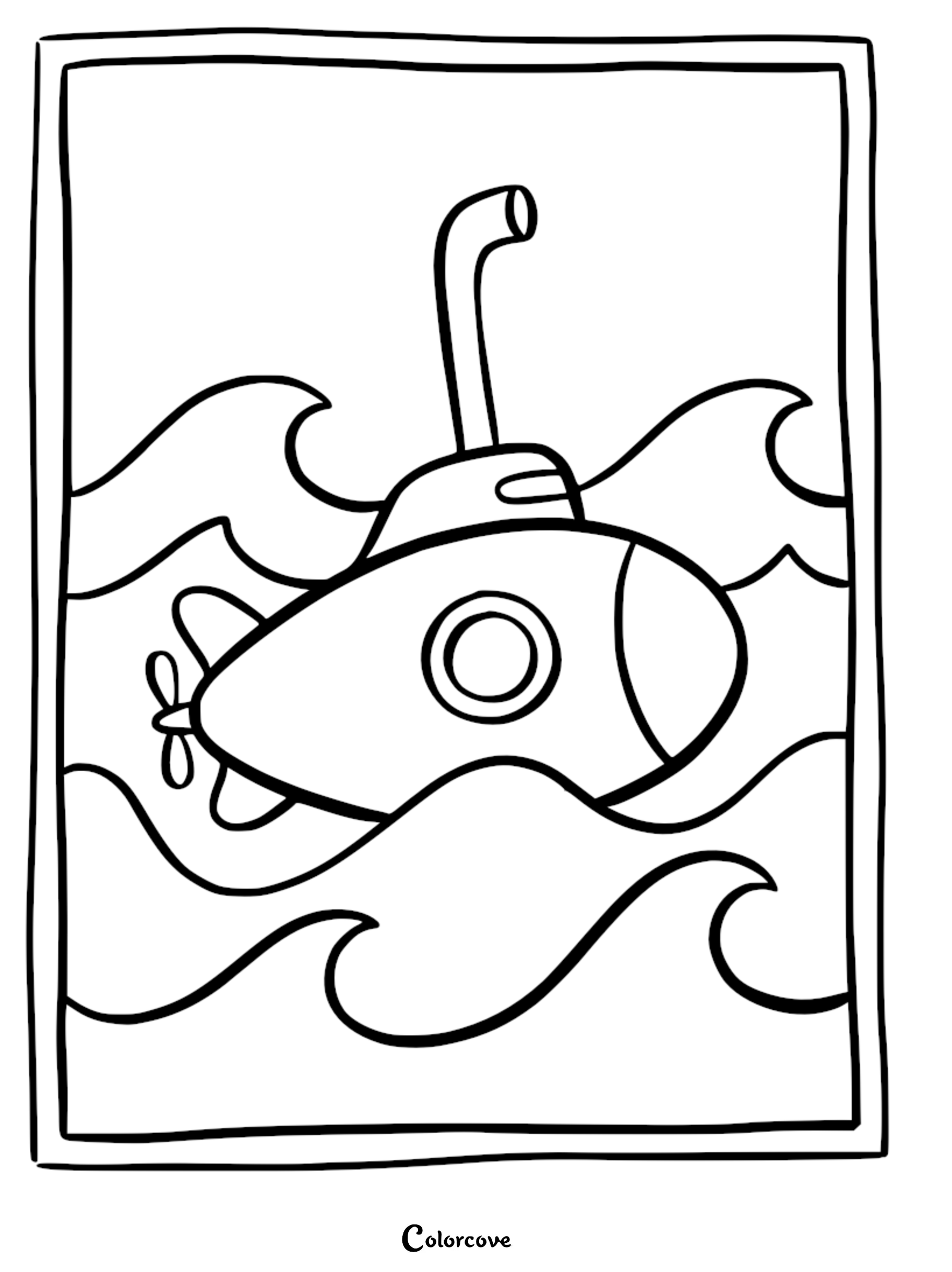 A simple submarine with a periscope and porthole sailing through ocean waves in this printable coloring page.