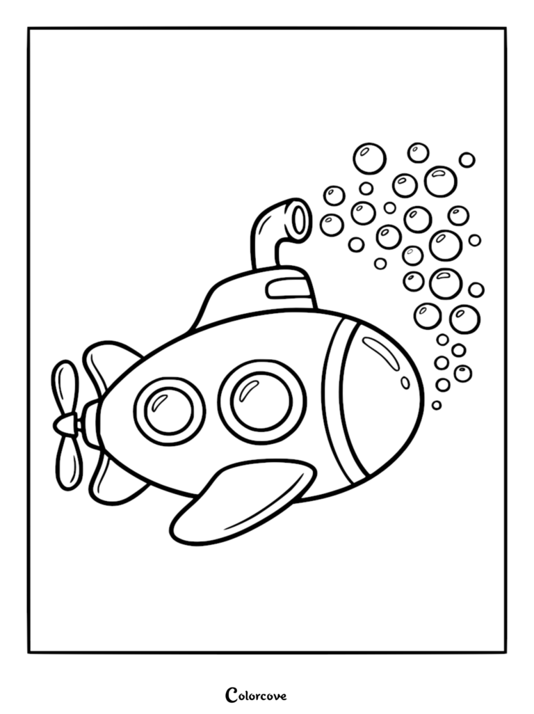 A friendly, cartoon-style submarine with two portholes, a propeller, and a periscope releasing a stream of bubbles, shown as a simple black-and-white line art coloring page.