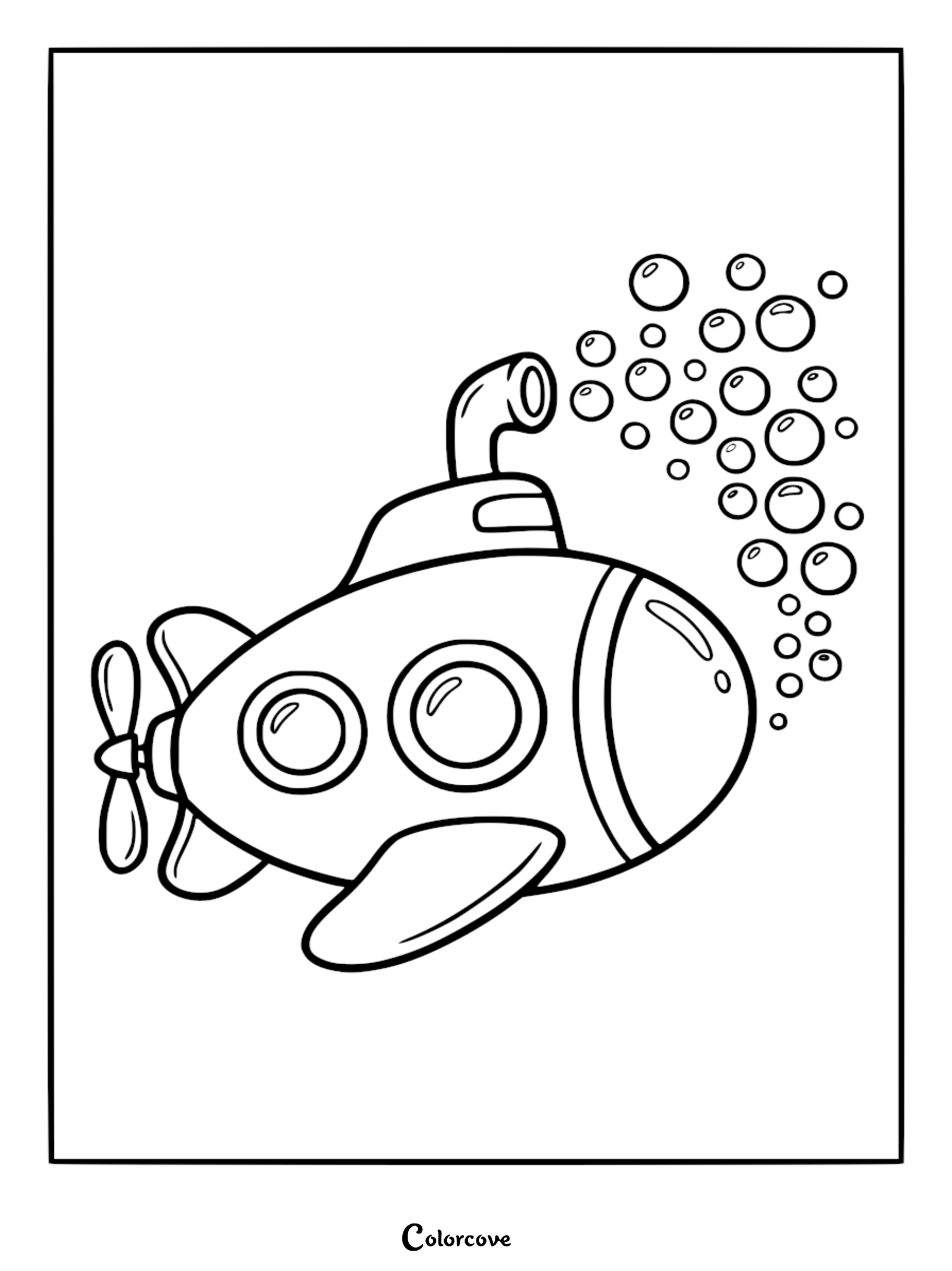 A friendly, cartoon-style submarine with two portholes, a propeller, and a periscope releasing a stream of bubbles, shown as a simple black-and-white line art coloring page.