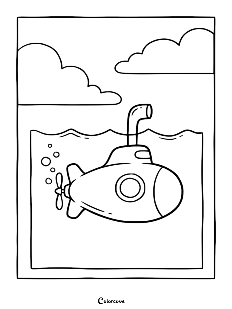 A simple line art coloring page of a small submarine with a periscope and propeller surfacing in water with clouds in the sky.