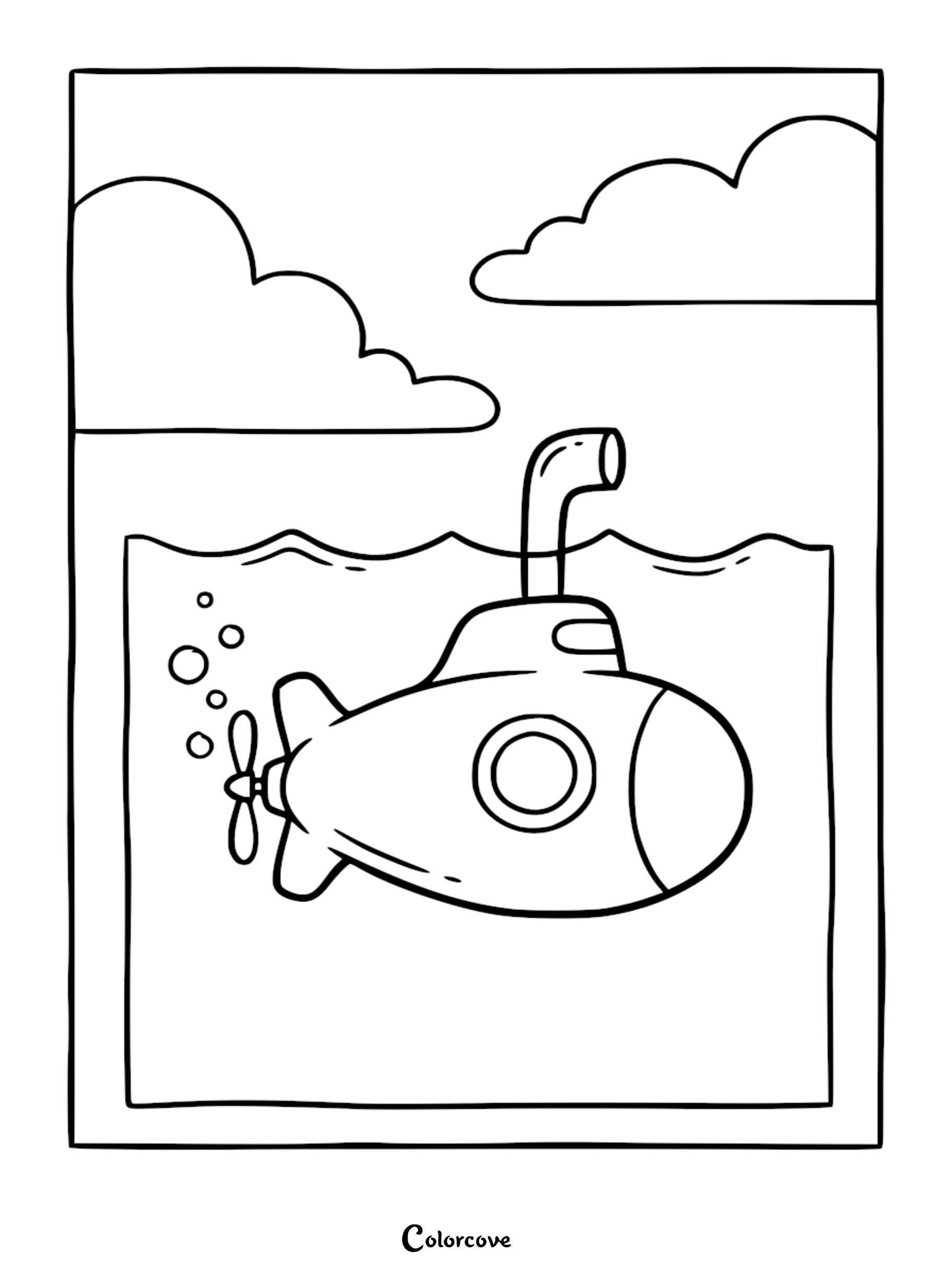 A simple line art coloring page of a small submarine with a periscope and propeller surfacing in water with clouds in the sky.