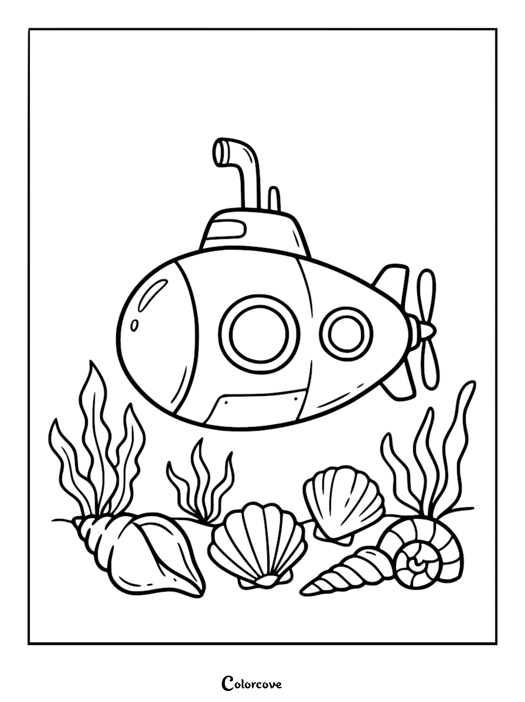 Cartoon submarine with periscope and propellers floating above a seabed of seaweed and various seashells in this printable coloring page.