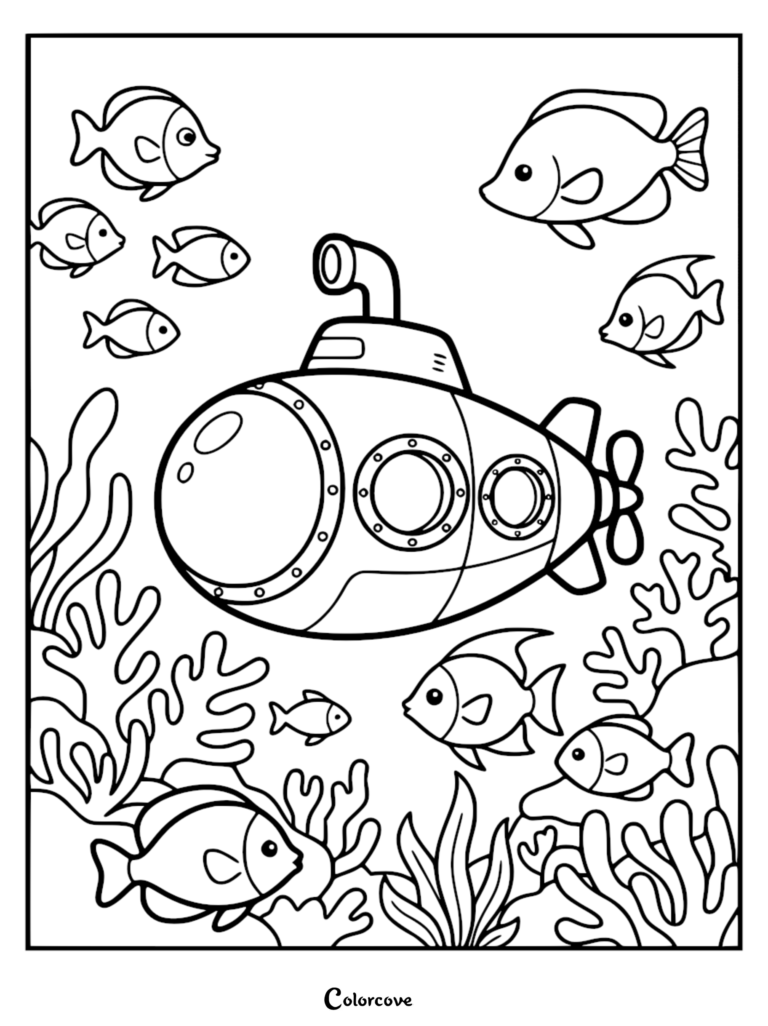 A friendly cartoon submarine exploring an ocean reef with various tropical fish and coral, line art coloring page.