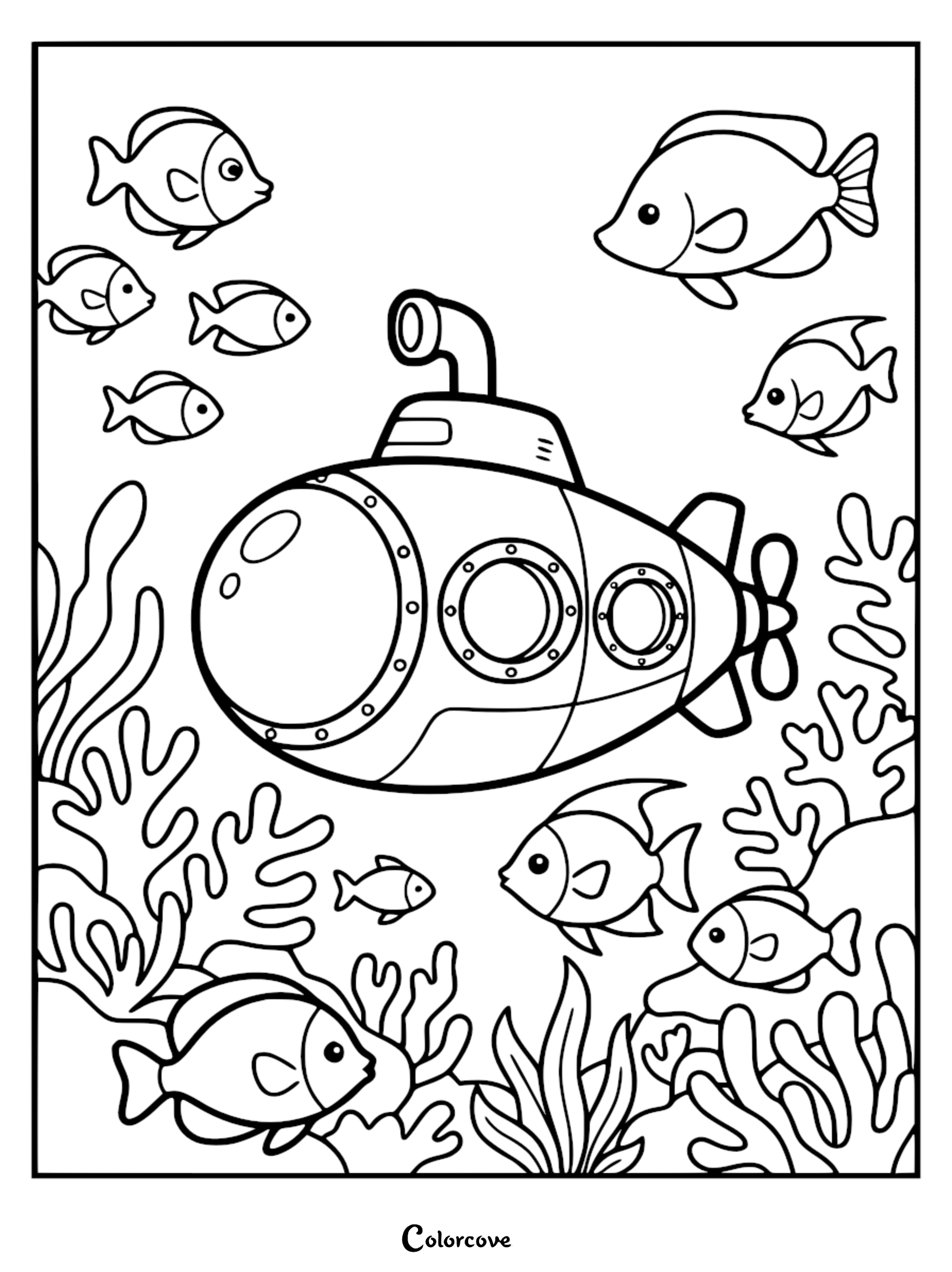 A friendly cartoon submarine exploring an ocean reef with various tropical fish and coral, line art coloring page.