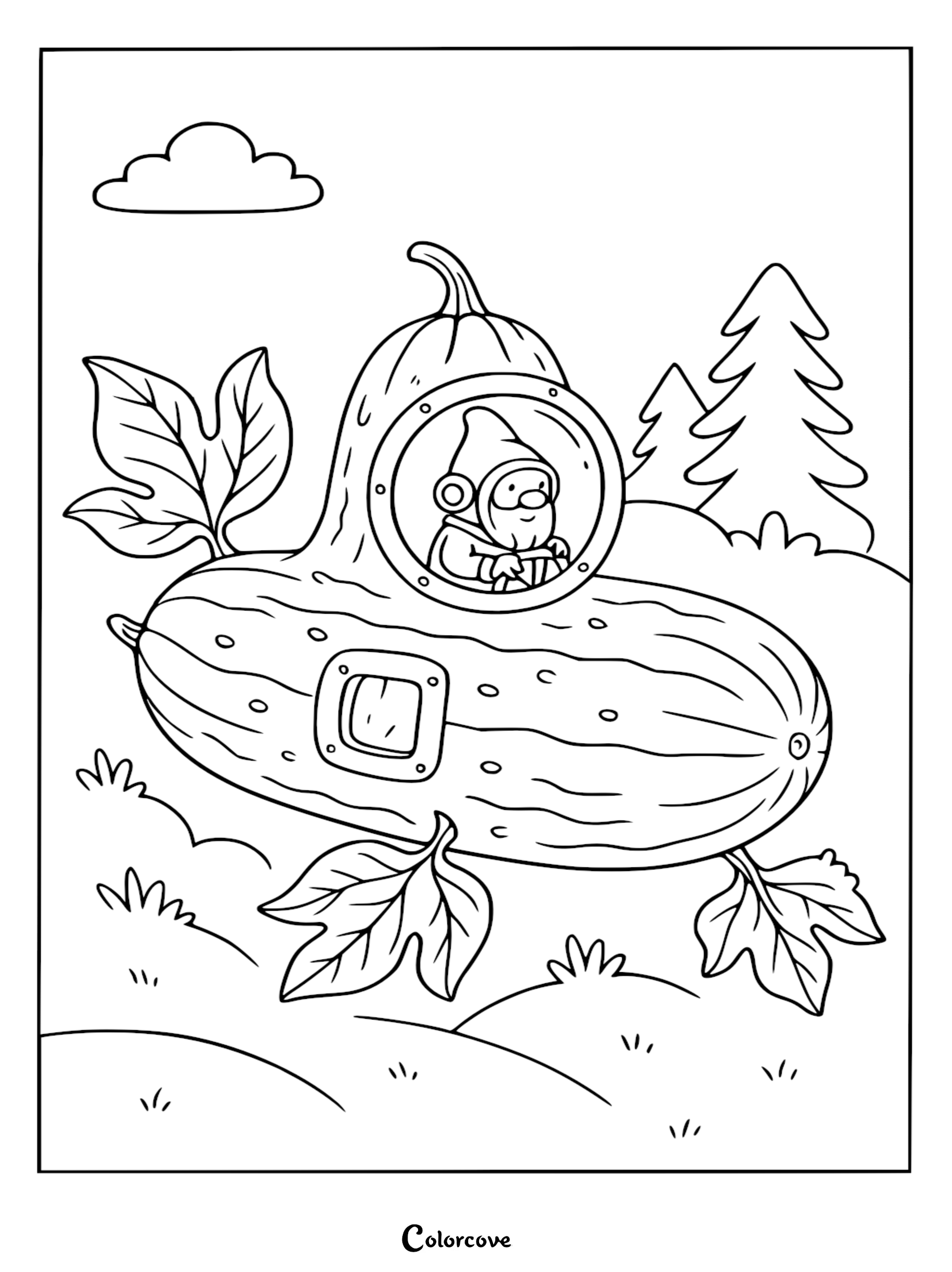 A friendly gnome piloting a unique submarine shaped like a large pumpkin with a round porthole, featured as an engaging coloring page.