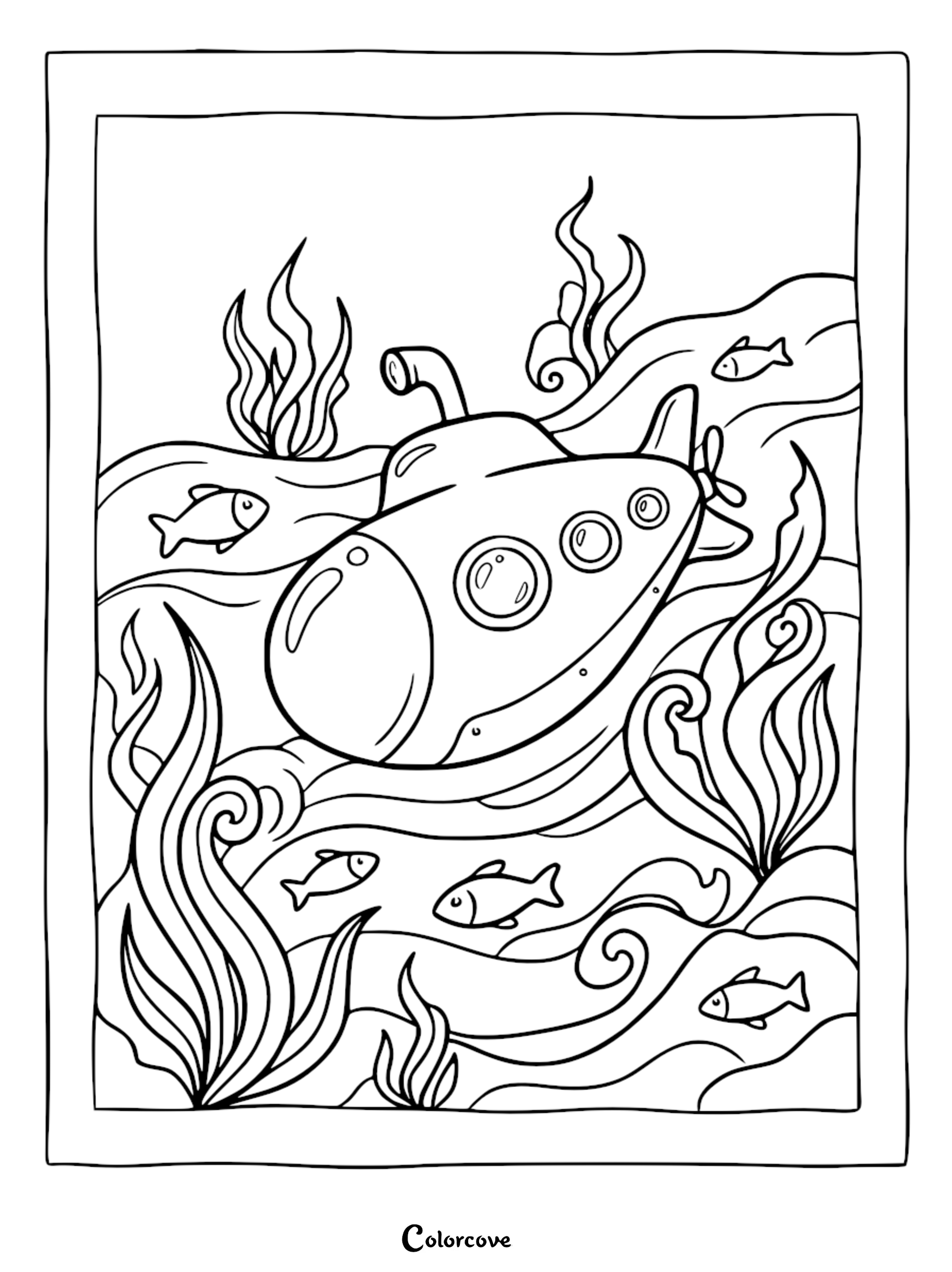 Cartoon submarine navigating through wavy ocean kelp with small fish, printable coloring page illustration.