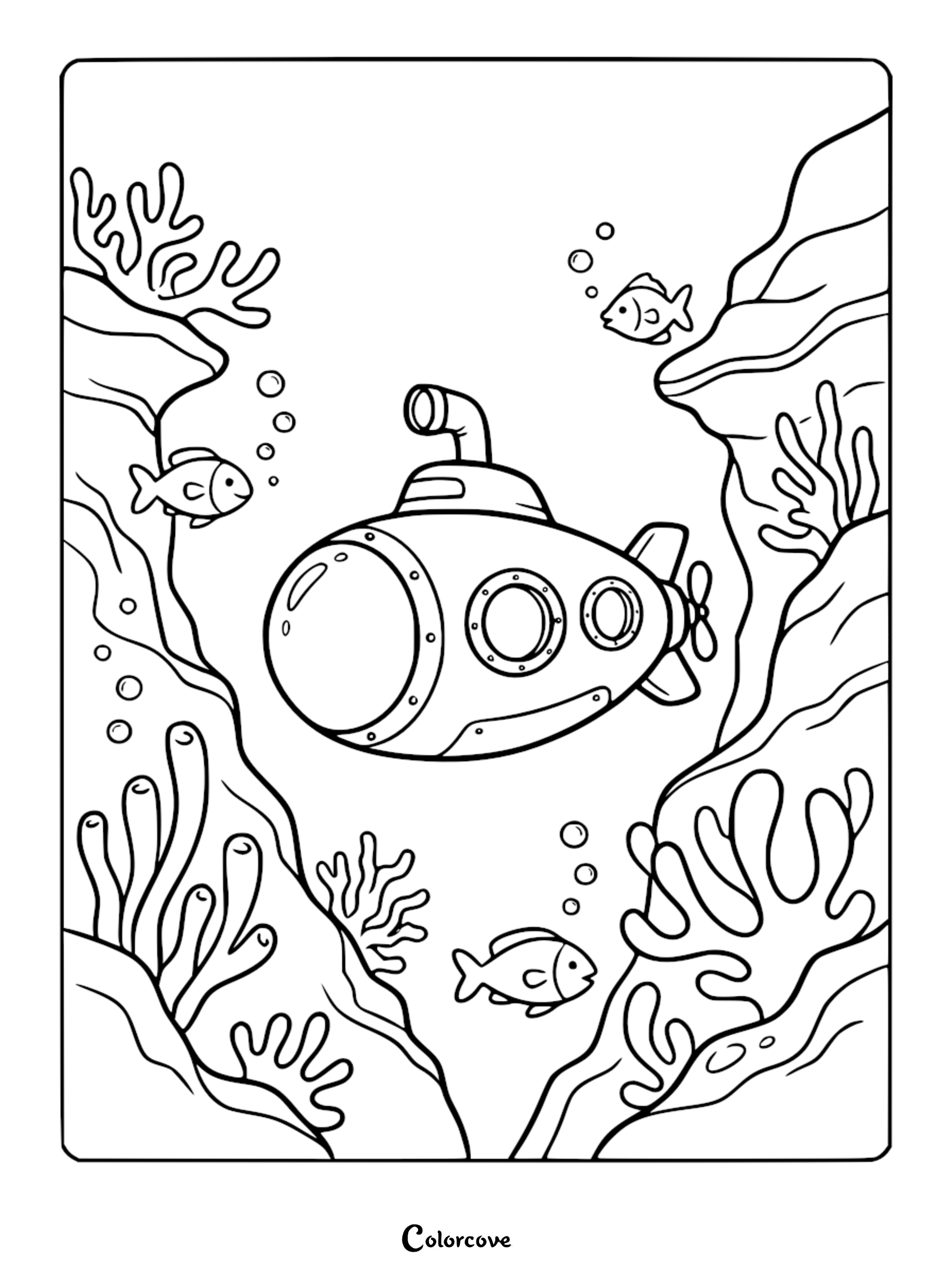 A cartoon submarine navigating through an underwater coral reef with small fish and bubbles, perfect for a printable coloring page.