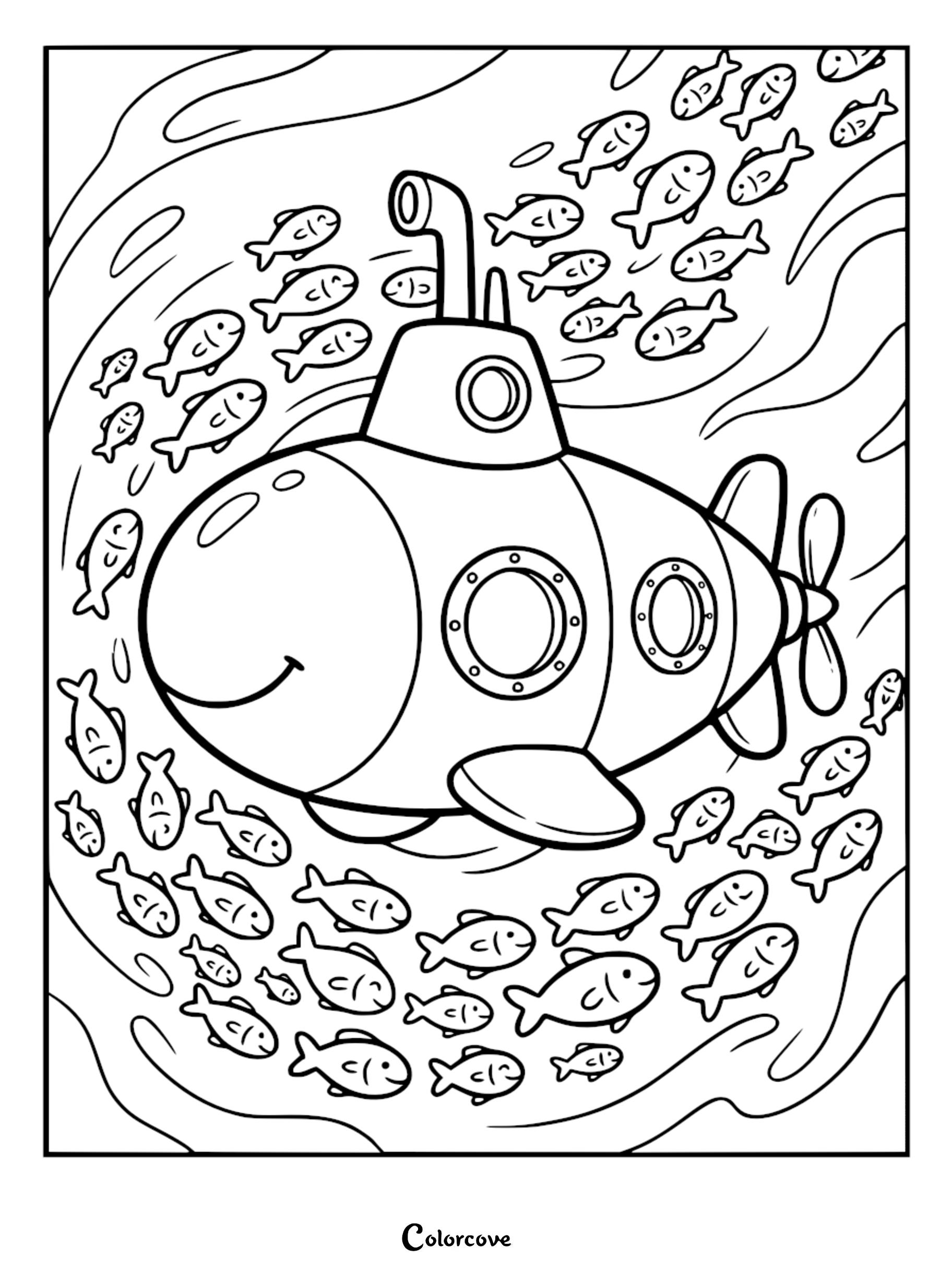 A friendly cartoon submarine with a periscope and portholes surrounded by a large school of small happy fish in this printable coloring page.