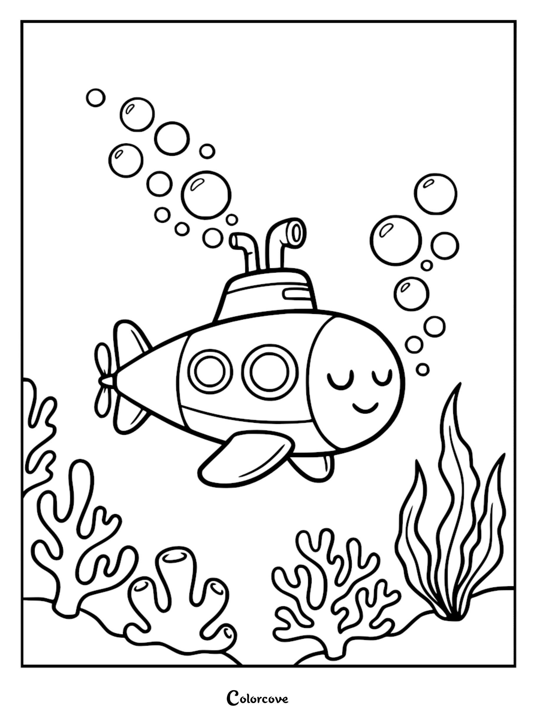 A smiling cartoon submarine with two portholes, propeller, and periscope surrounded by bubbles in a coloring page format.