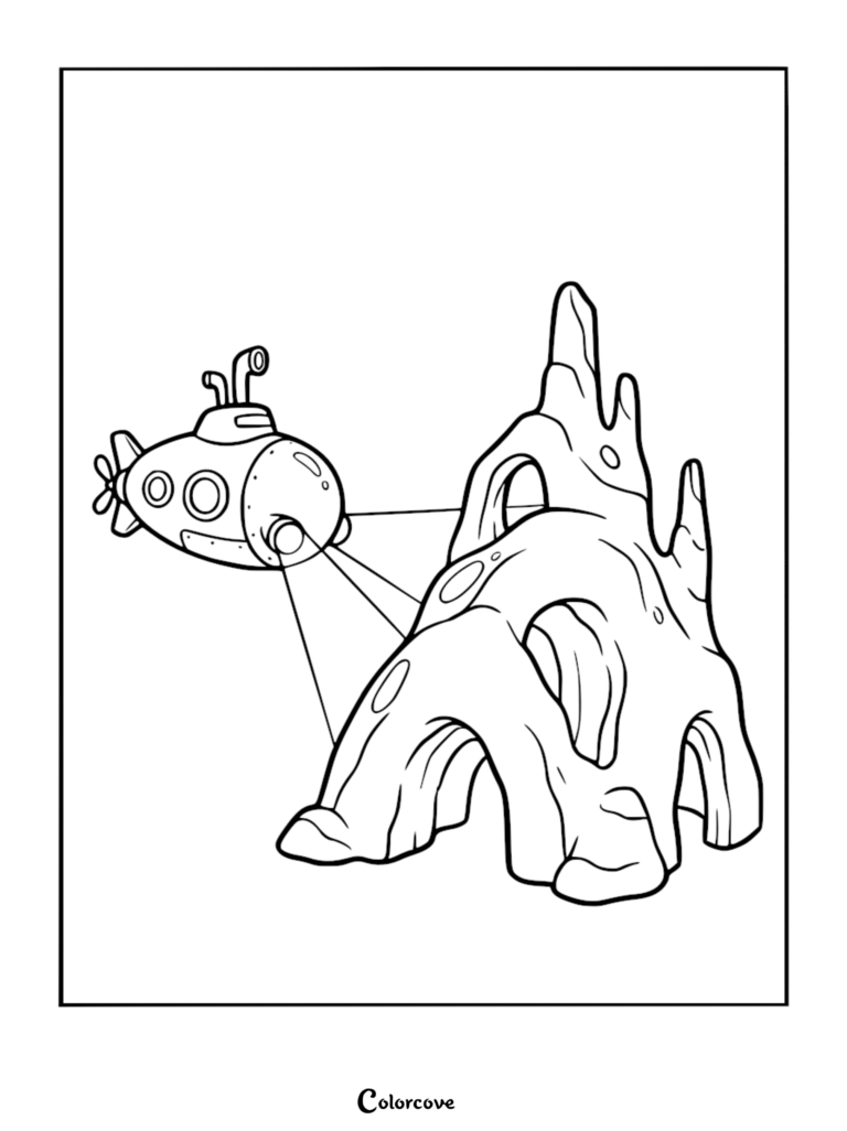 A cute cartoon submarine shining a spotlight on a jagged underwater rock formation, printable coloring page for kids.