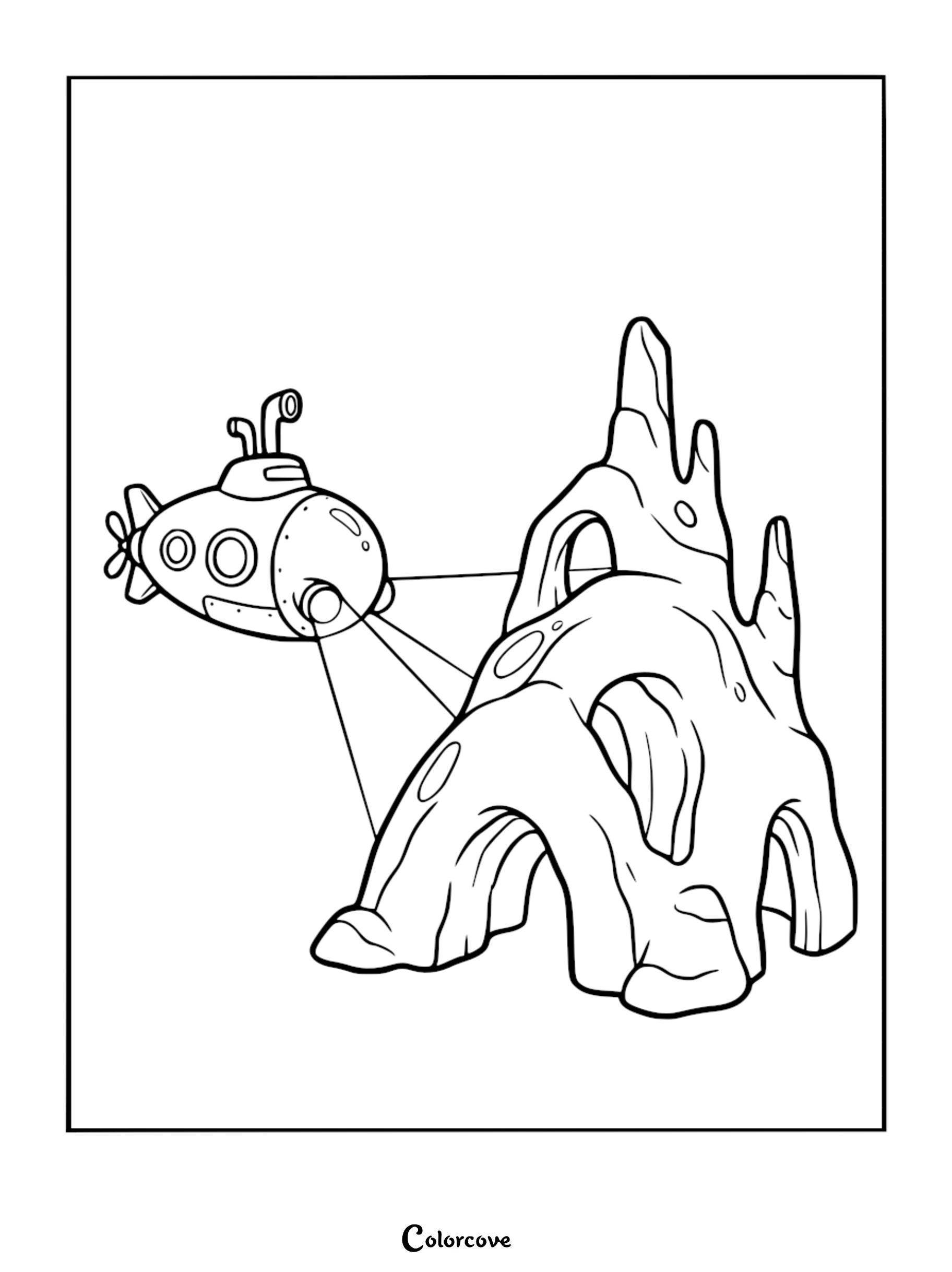 A cute cartoon submarine shining a spotlight on a jagged underwater rock formation, printable coloring page for kids.
