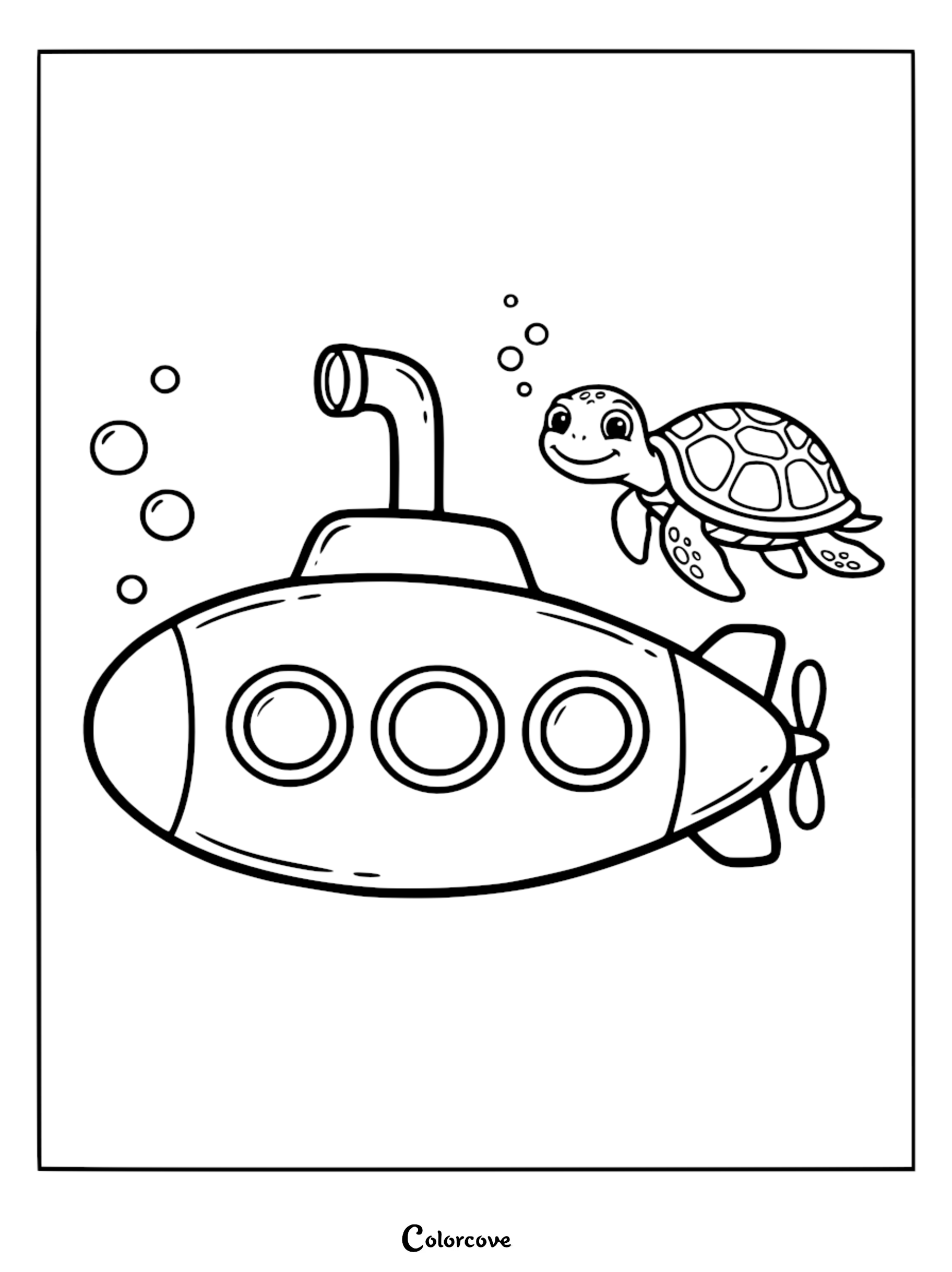 A smiling sea turtle swimming next to a small submarine with three portholes and a periscope in this printable coloring page.