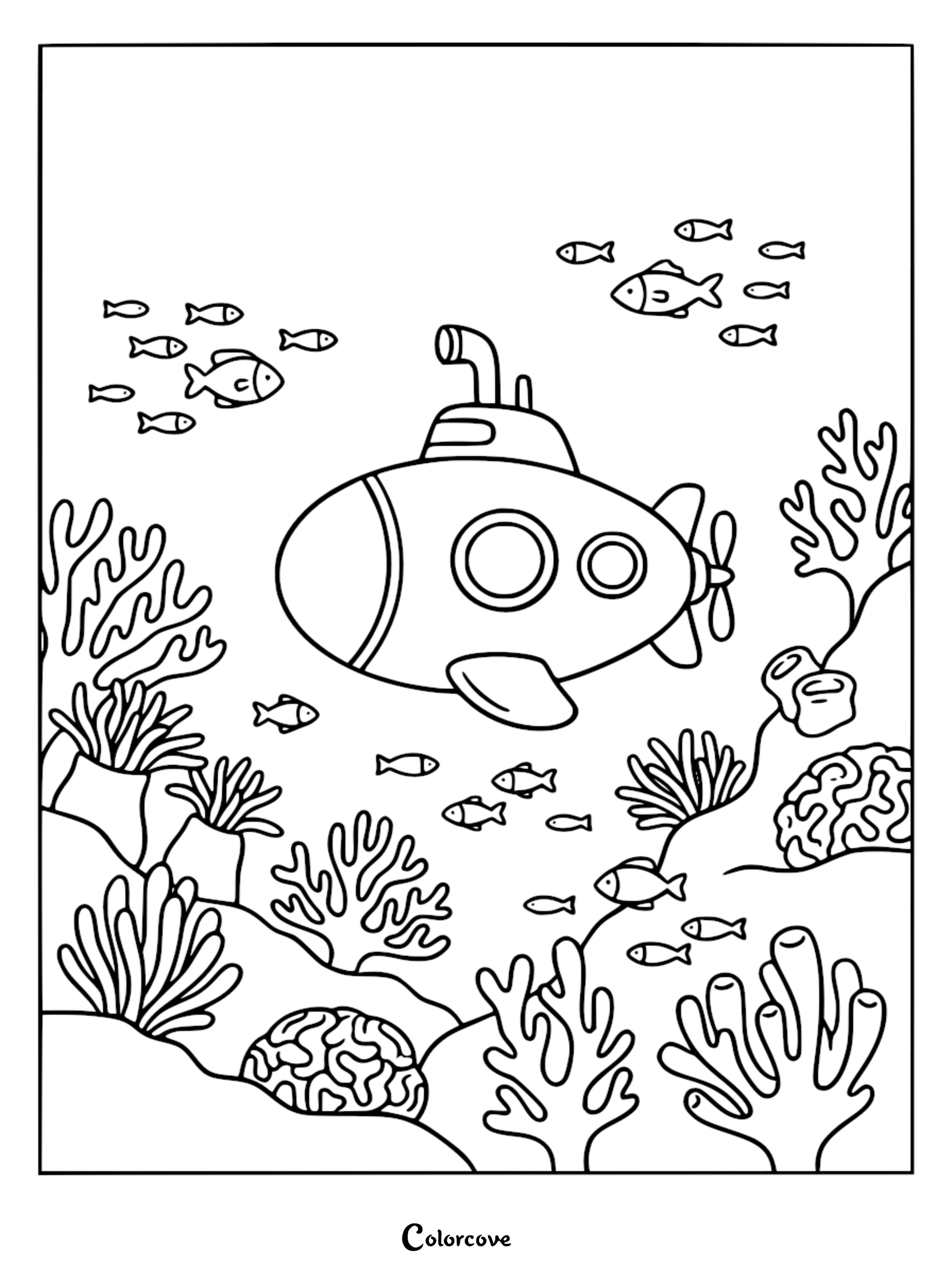 A submarine navigating through a vibrant underwater coral reef with schools of small fish, simple line art coloring page.