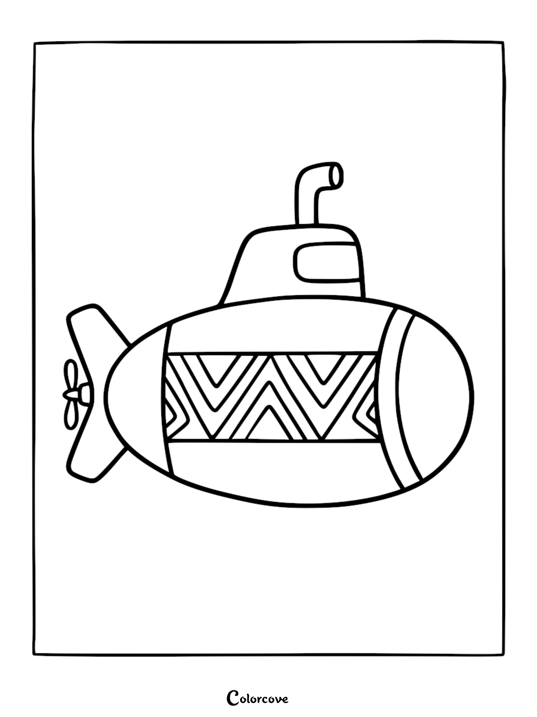 Simple line art coloring page of a cartoon submarine with a chevron-patterned hull, periscope, and rear propeller.