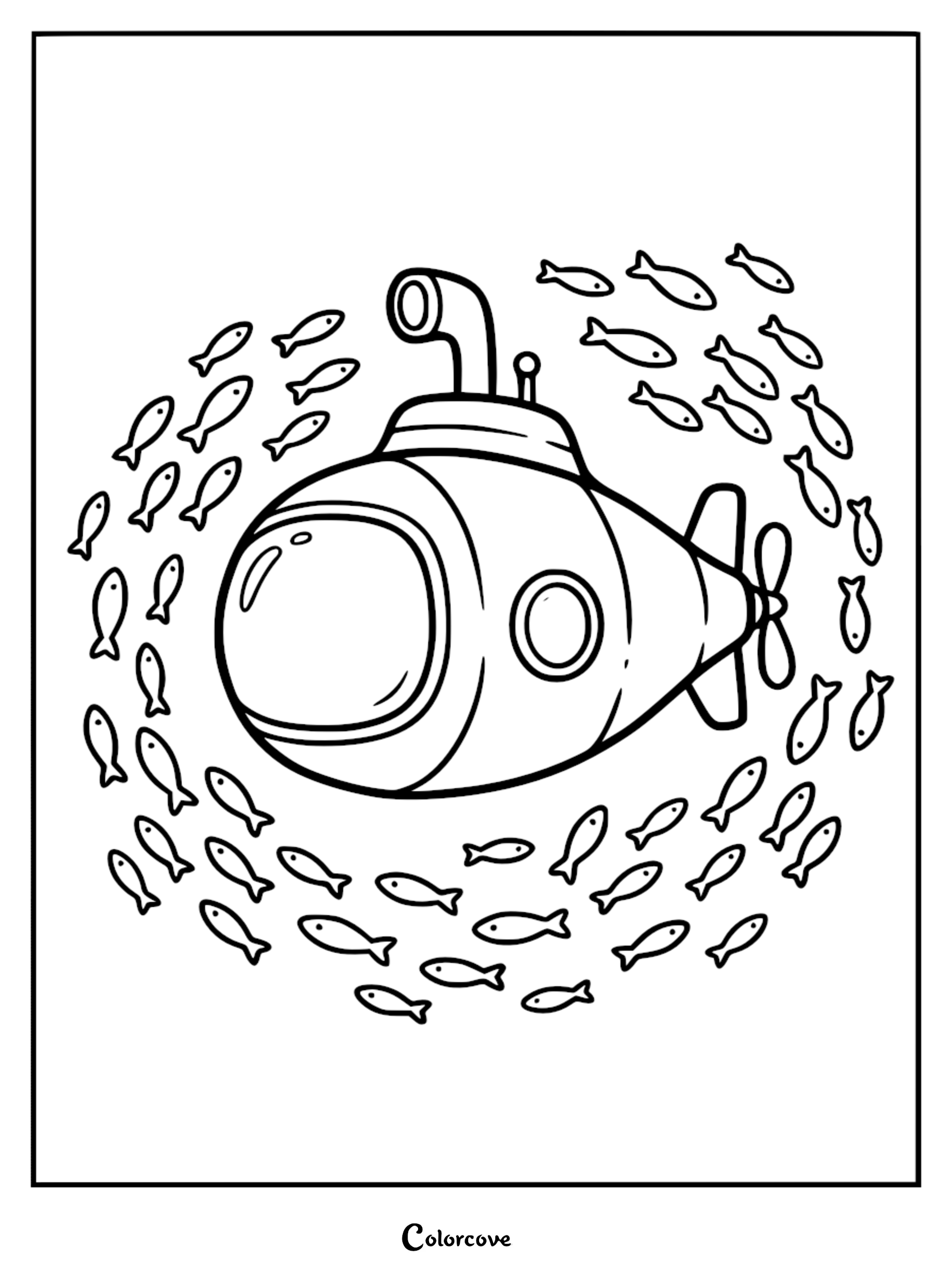 A cute cartoon submarine with a large porthole window surrounded by a circling school of small fish on a printable coloring page.