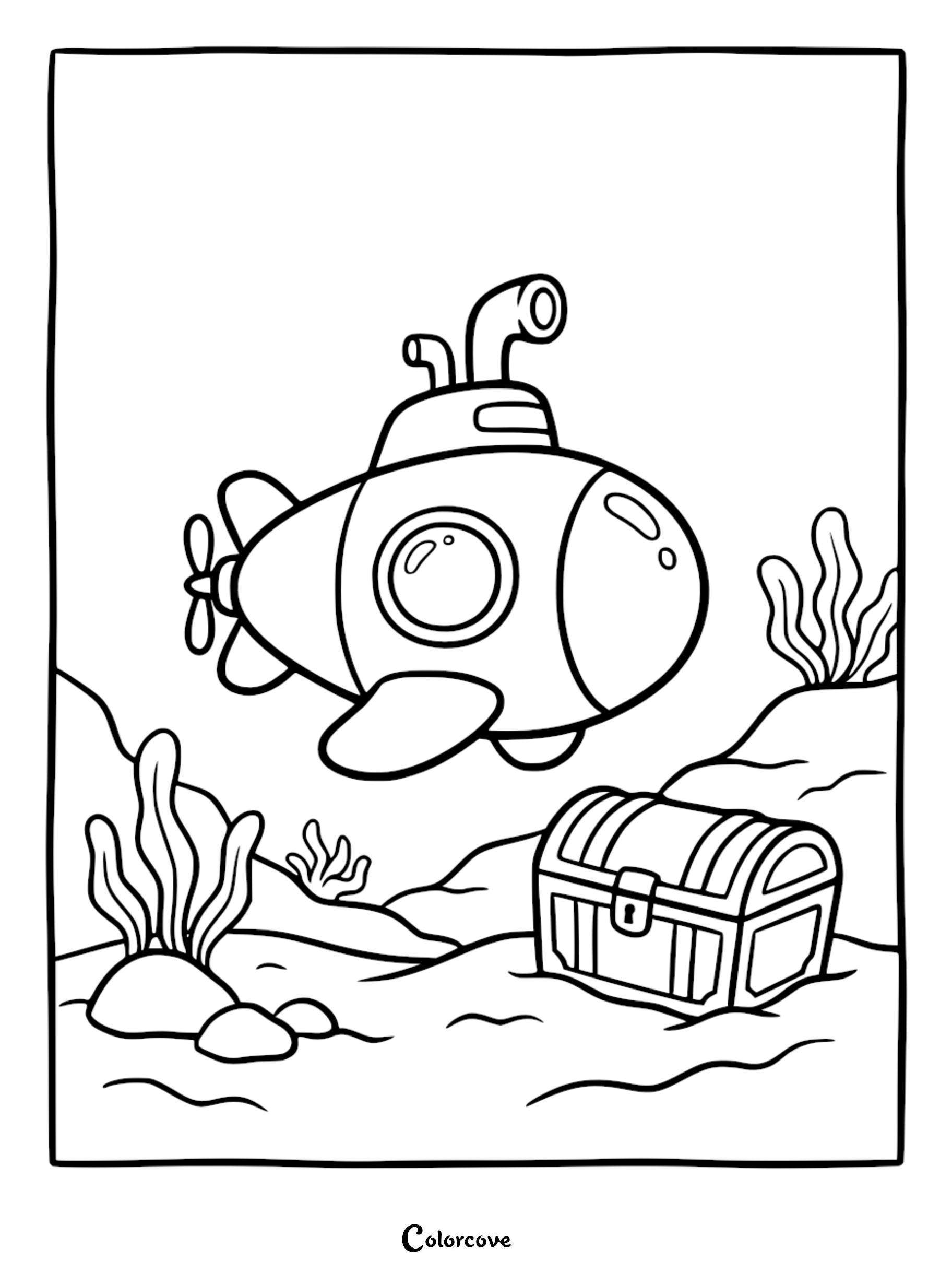 A cute cartoon submarine swimming near a treasure chest on the ocean floor in this printable coloring page.