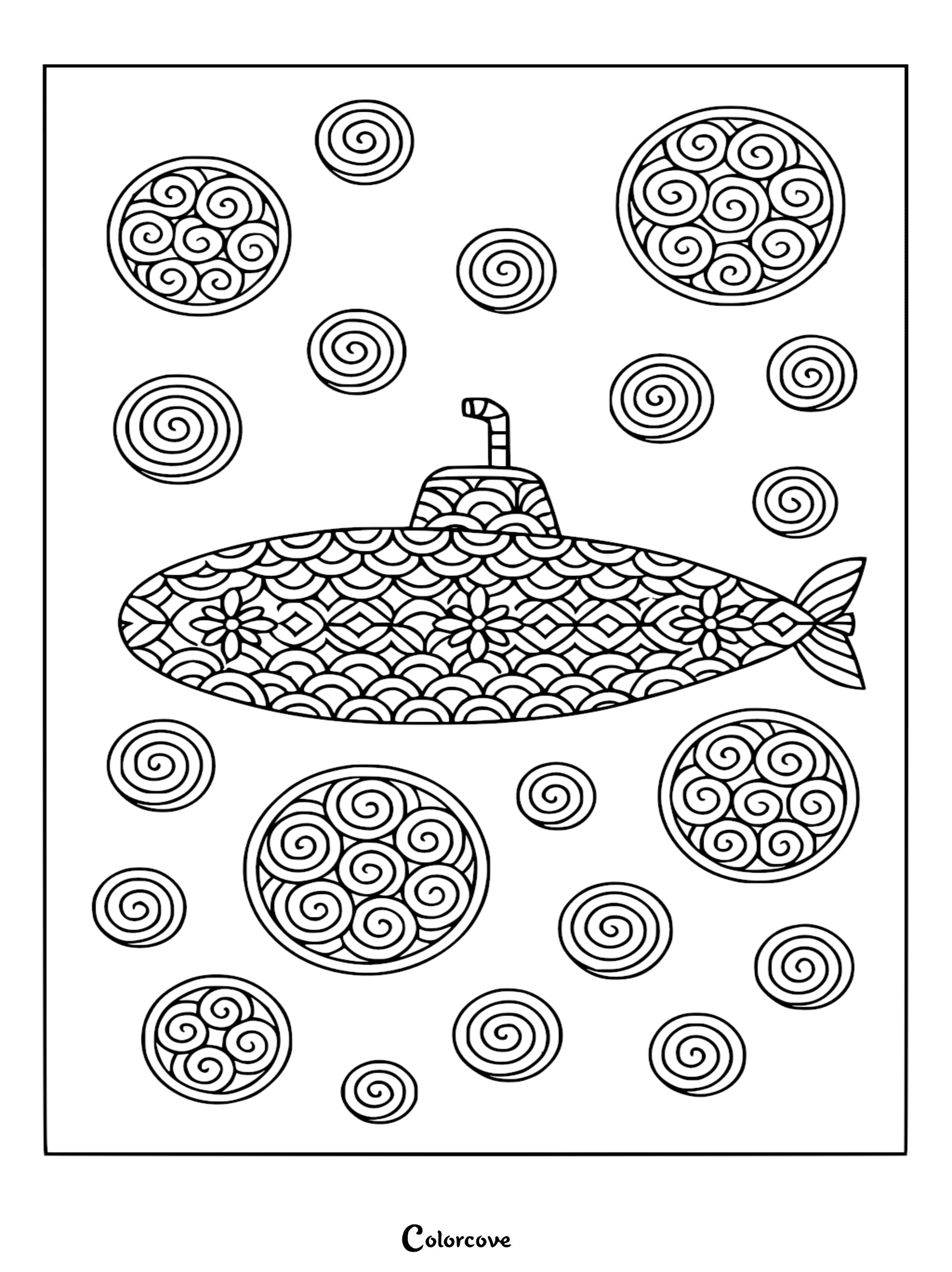 A Zentangle-style submarine coloring page featuring intricate mandala-like scale patterns and floral accents surrounded by various swirling circular bubbles.