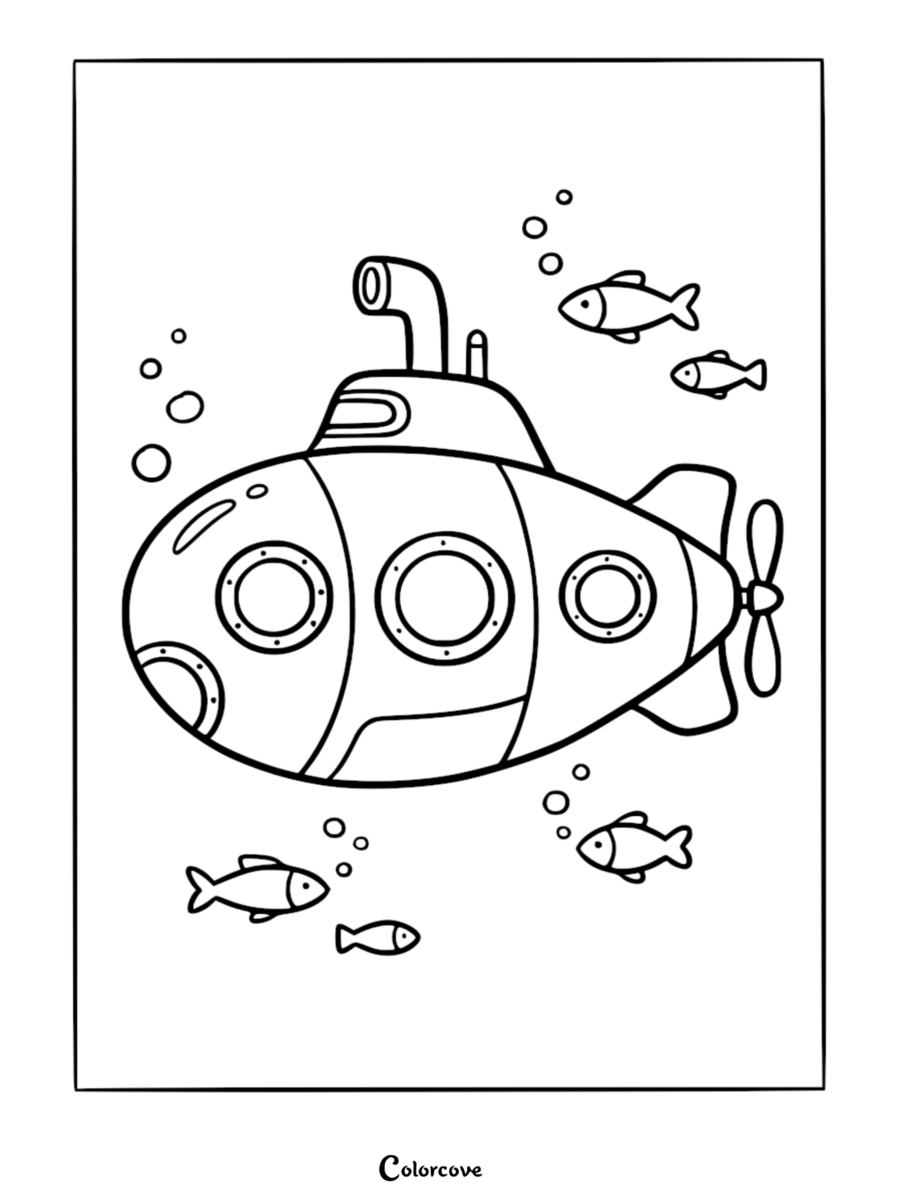 A friendly cartoon submarine with three round portholes and a periscope, accompanied by four small fish and bubbles, printable coloring page.
