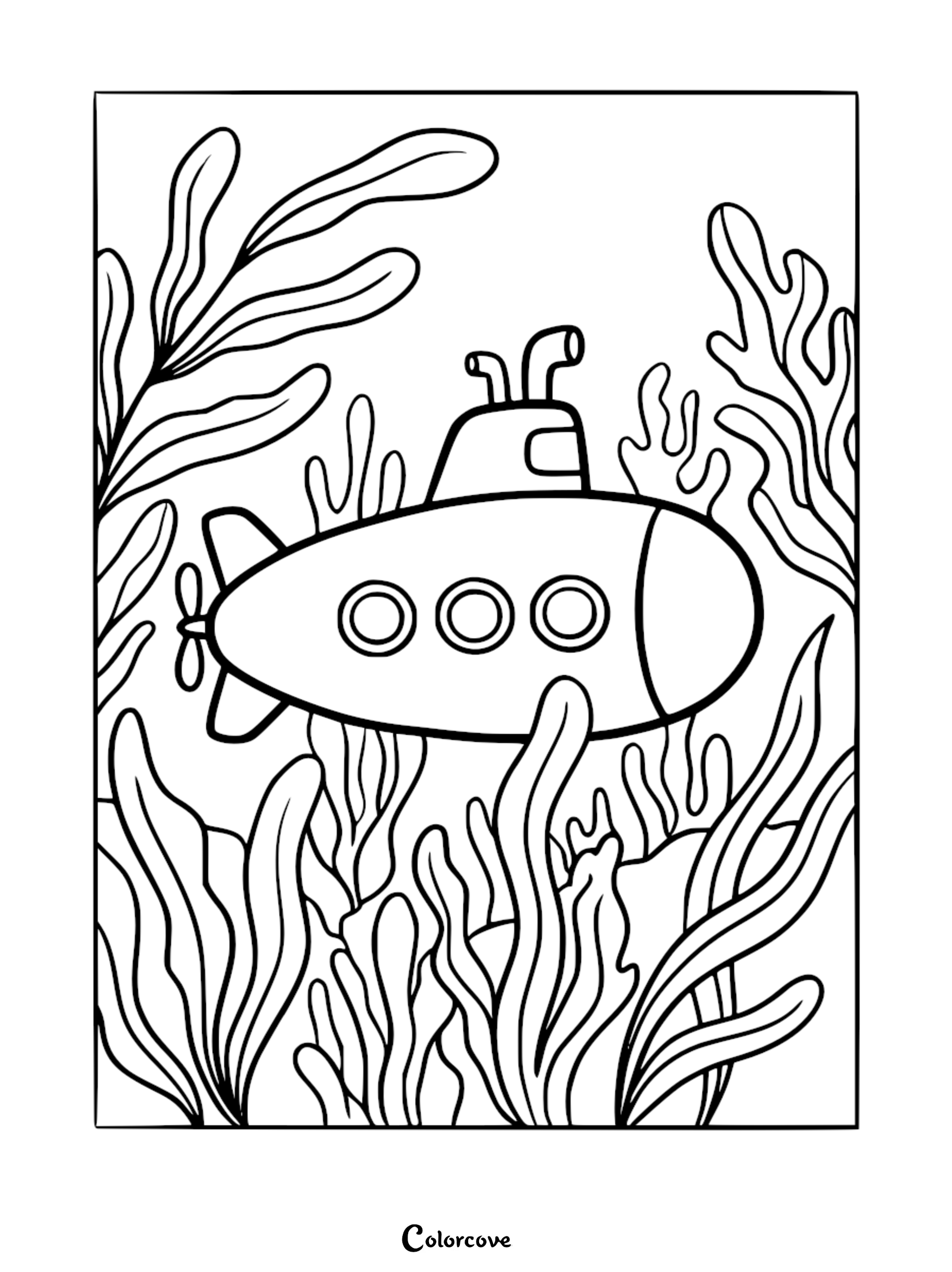 Cartoon submarine with three portholes and a propeller, navigating through dense ocean seaweed in this printable coloring page.