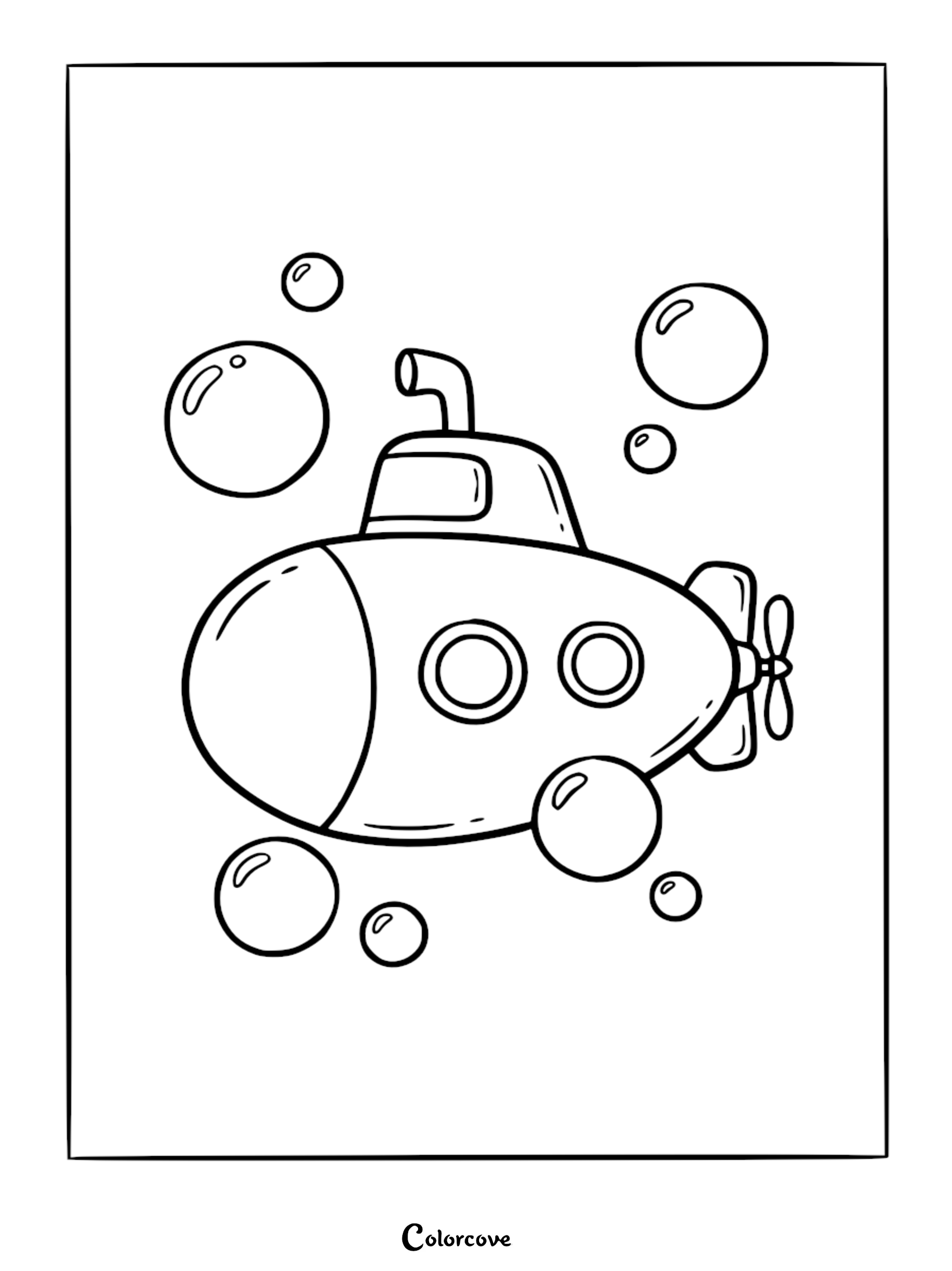 A simple submarine coloring page featuring a rounded vessel with two portholes, a periscope, and a rear propeller surrounded by floating air bubbles.