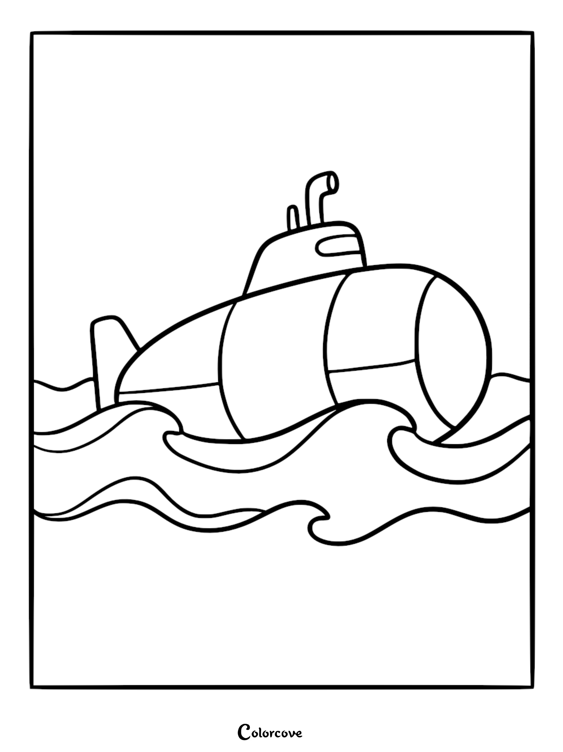 A simple black and white submarine coloring page featuring a periscope and a rounded hull emerging from stylized ocean waves.