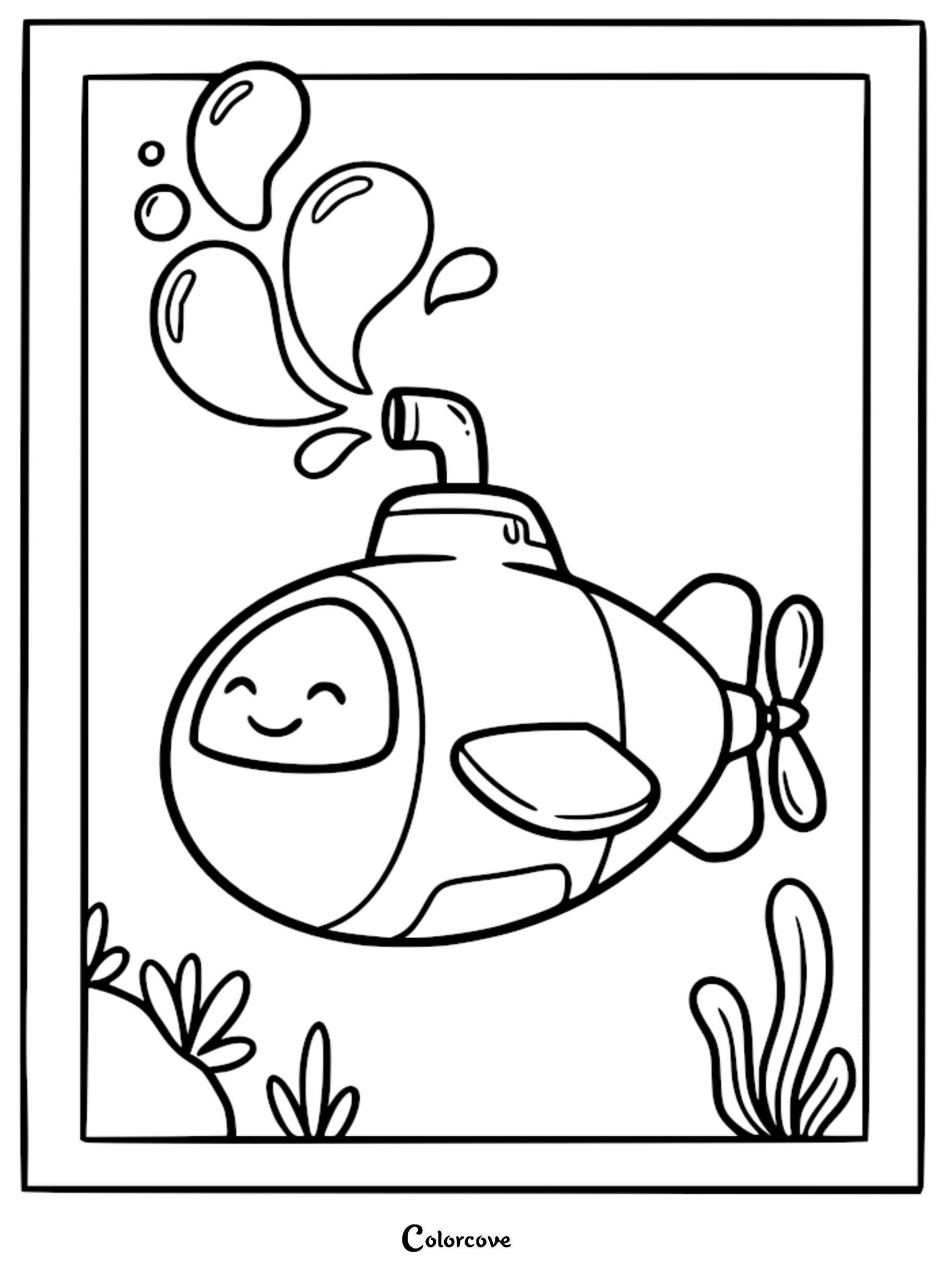 A friendly submarine with a smiling face and periscope underwater, surrounded by rising bubbles and sea plants in this printable coloring page.