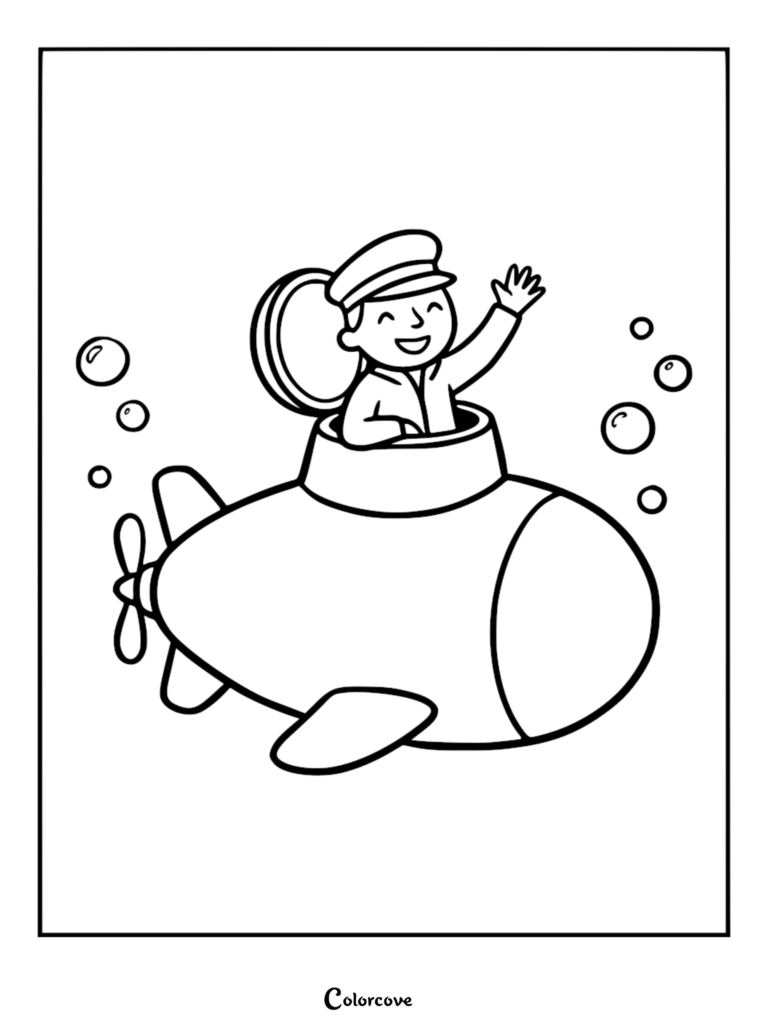 A friendly submarine captain in a uniform hat waving from an open hatch of a cartoon submarine with bubbles, line art coloring page.