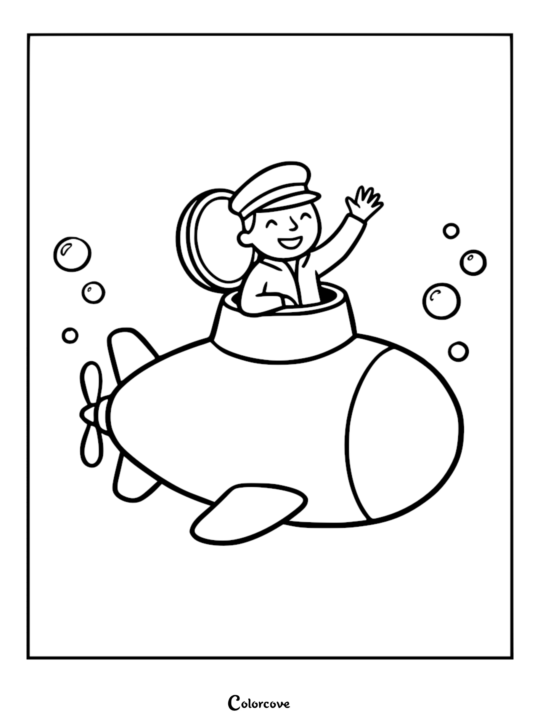 A friendly submarine captain in a uniform hat waving from an open hatch of a cartoon submarine with bubbles, line art coloring page.