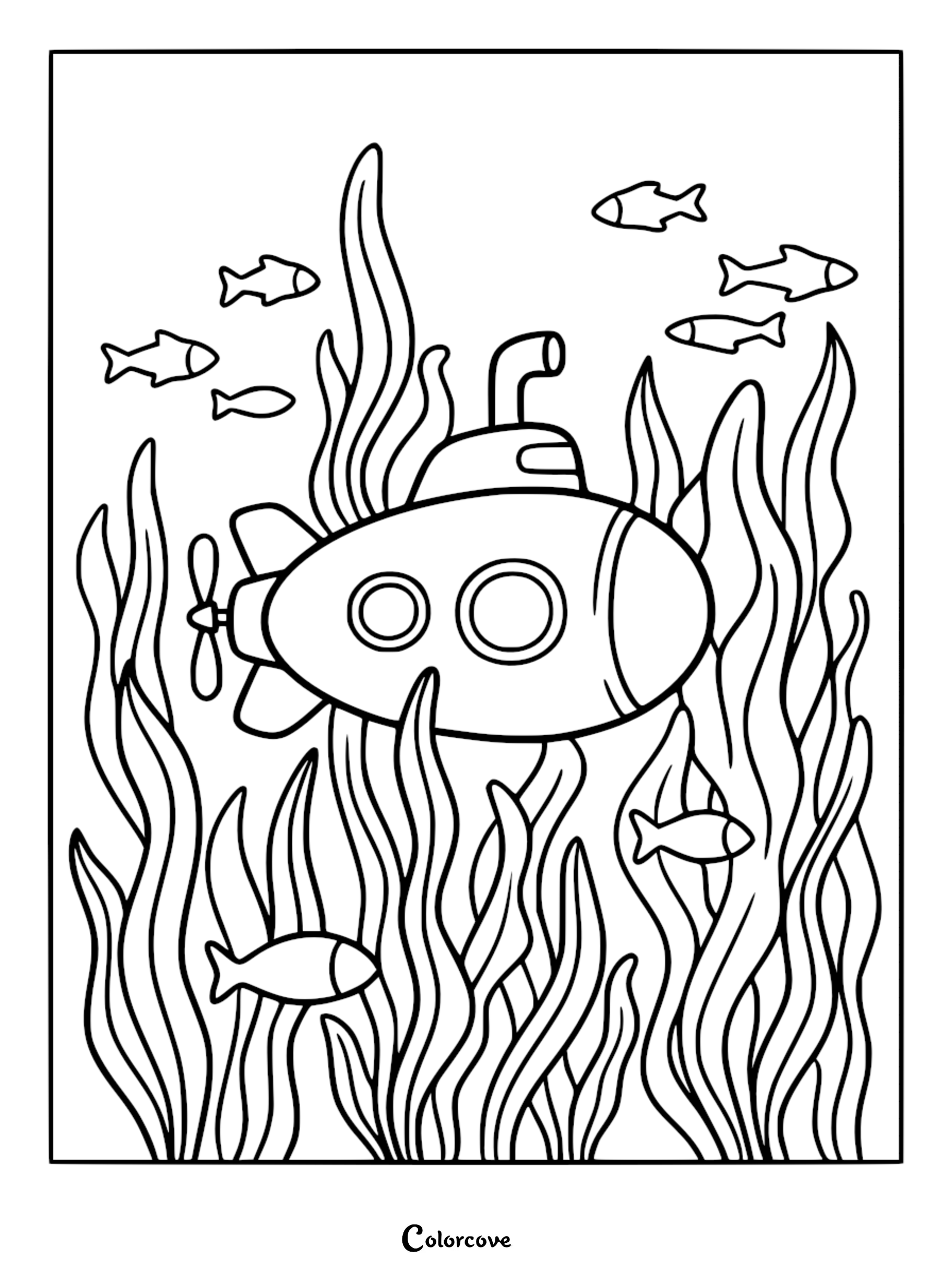 A submarine coloring page featuring a cartoon sub navigating through tall seaweed with small fish swimming around.