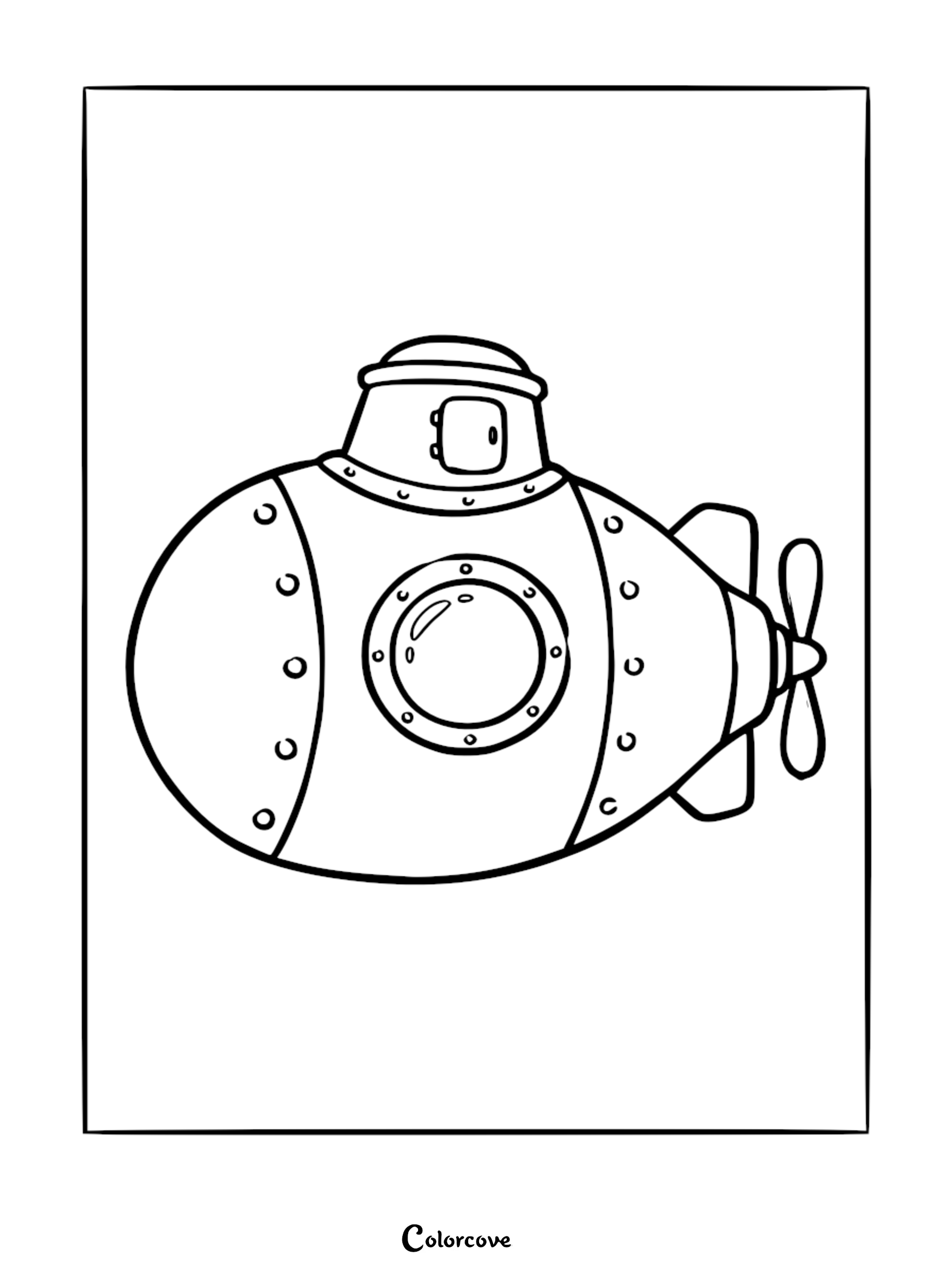 A simple line art coloring page of a rounded cartoon submarine with a porthole, conning tower, and rear propeller.