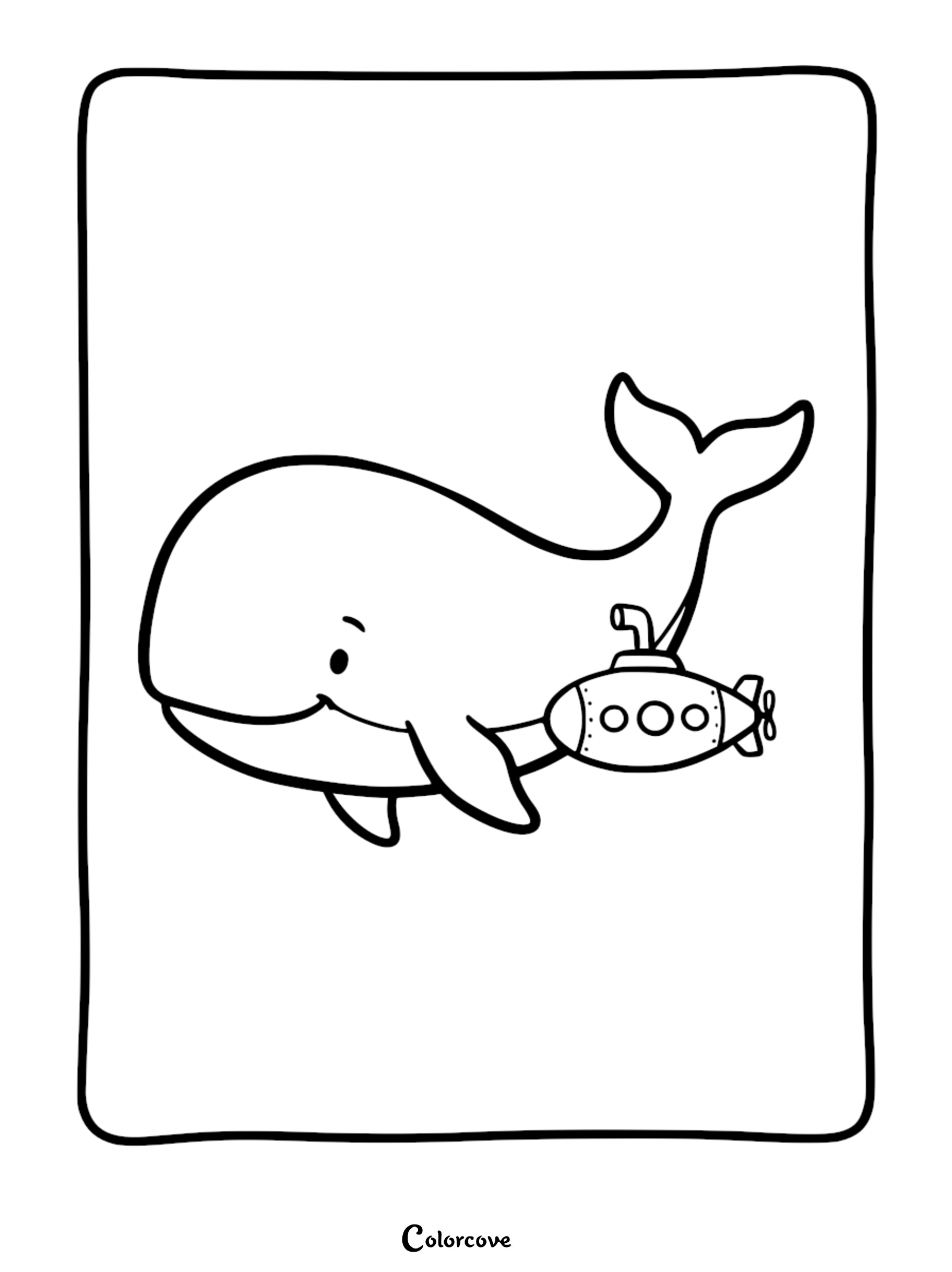 A friendly cartoon whale swimming next to a small classic submarine in a simple line art coloring page.