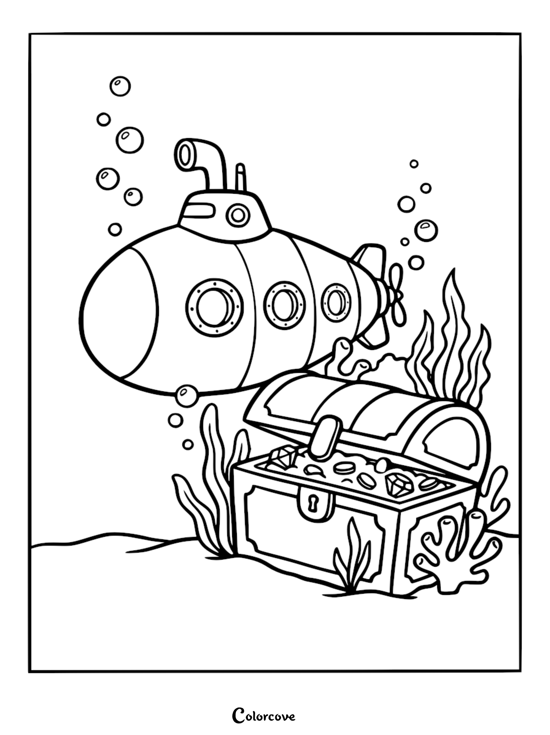 A cartoon submarine cruising above an open treasure chest filled with gold and jewels, surrounded by underwater bubbles and sea grass in this printable coloring page.