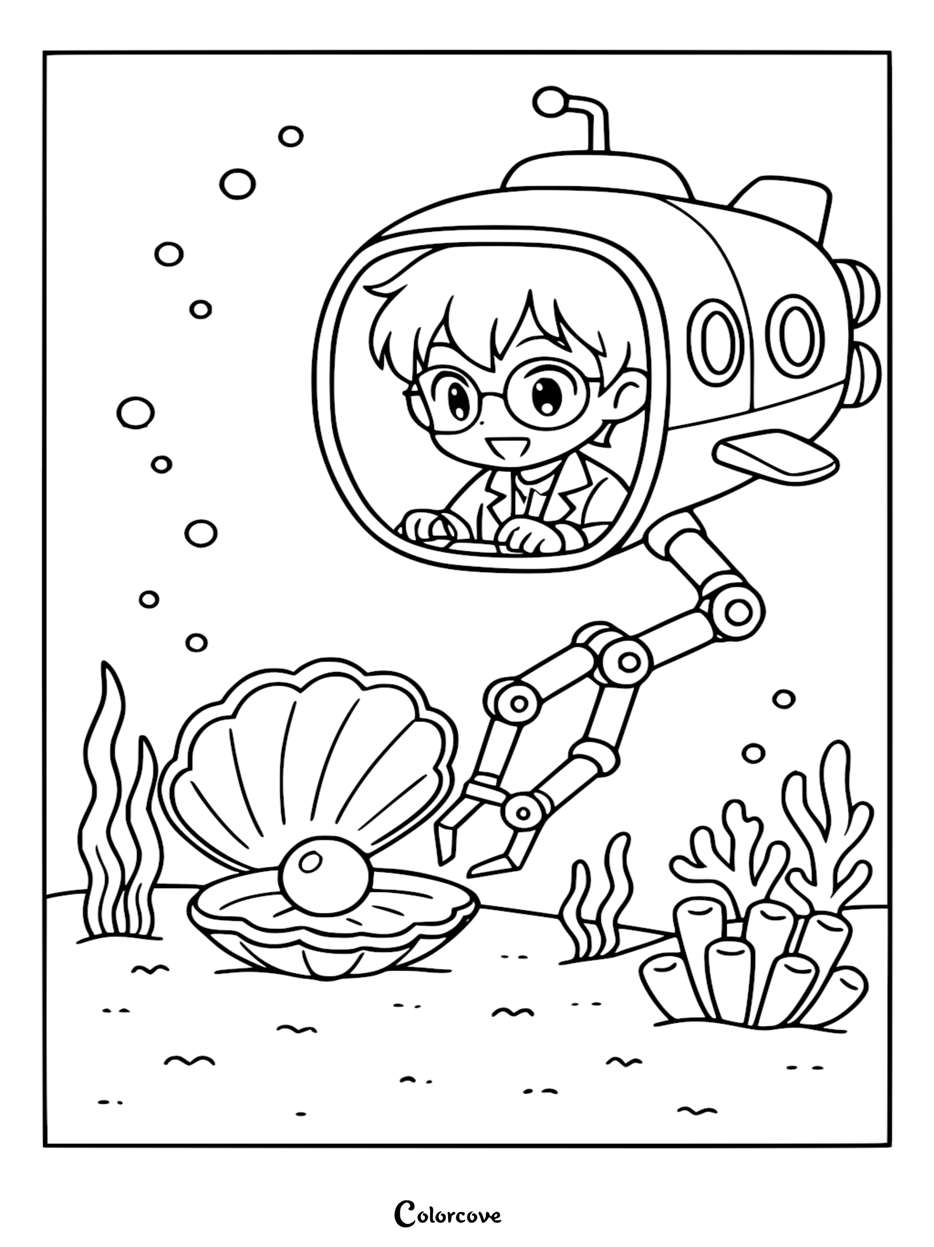 A young scientist with glasses piloting a robotic submarine reaching toward a large open oyster shell with a pearl, underwater coloring page.