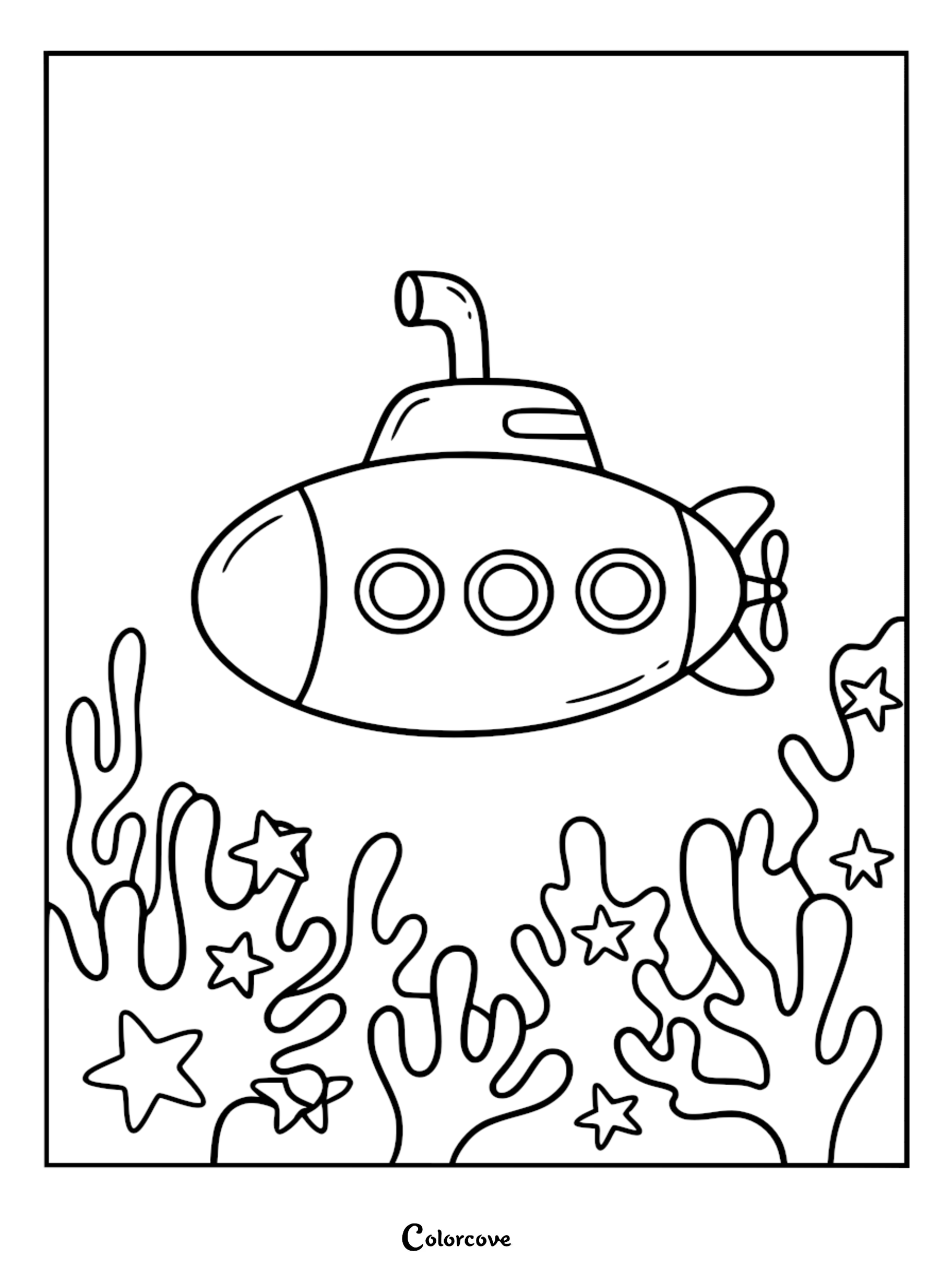 A printable coloring page featuring a cartoon submarine floating above a detailed coral reef with sea stars.