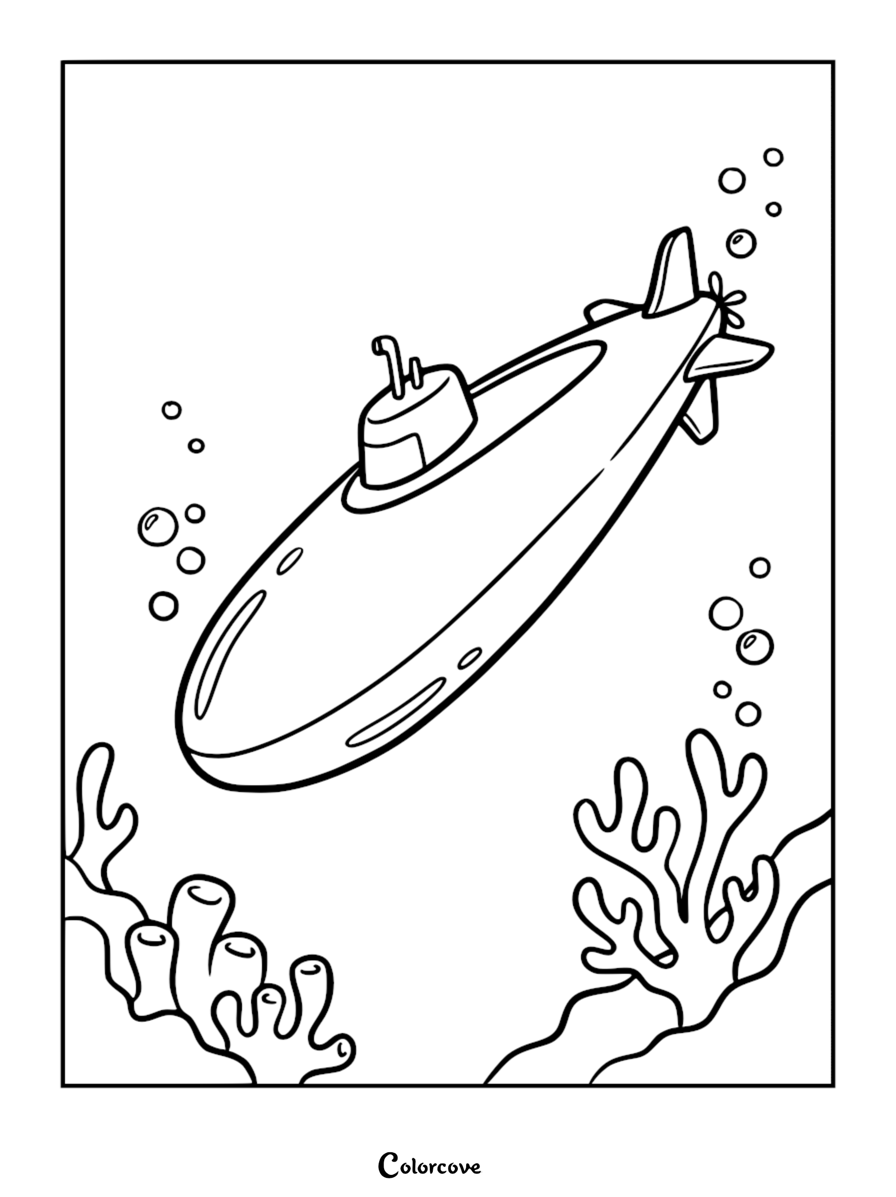 Cartoon submarine traveling through the ocean surrounded by coral reefs and floating air bubbles in this line art coloring page.