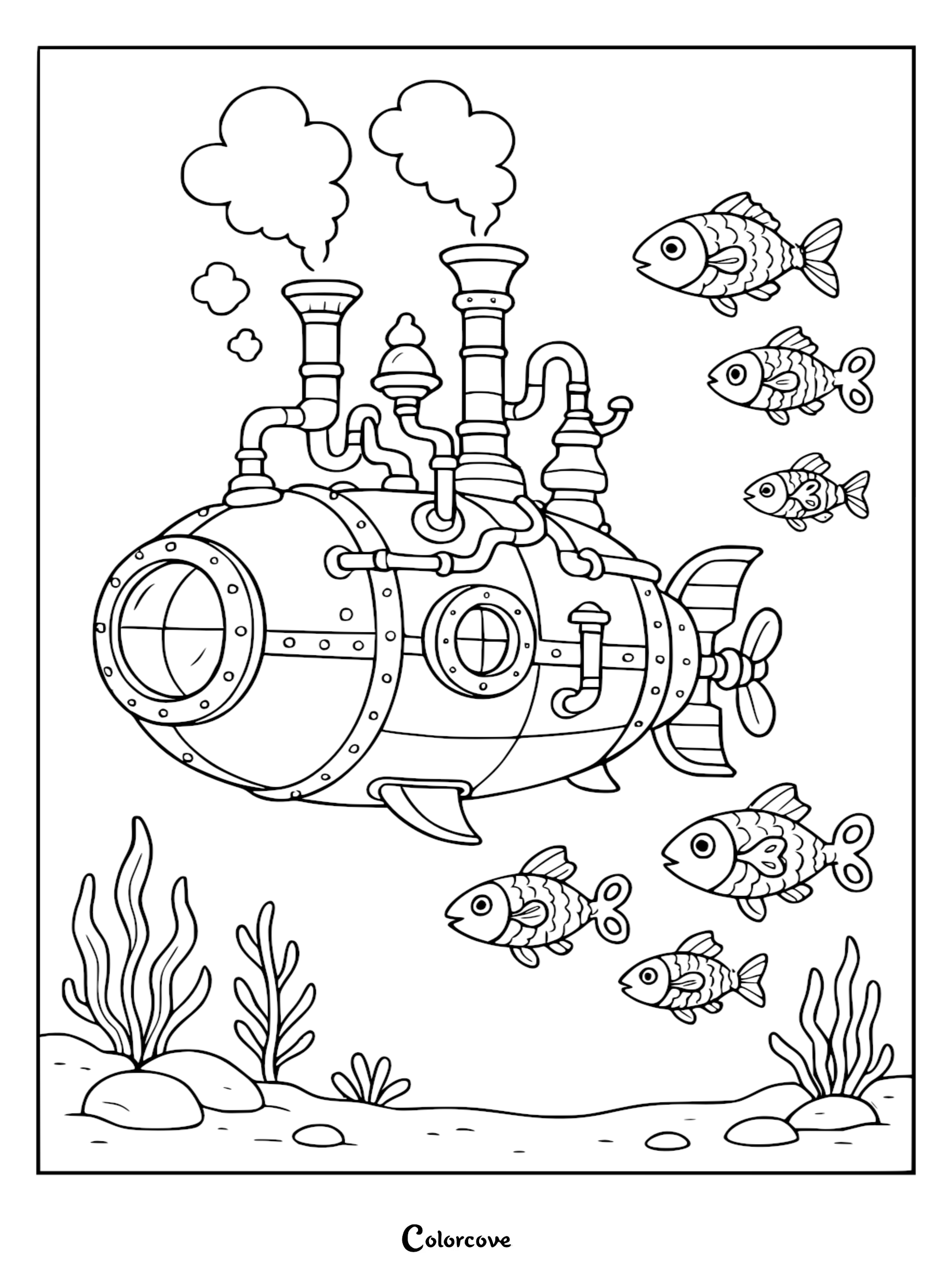 A printable coloring page featuring a whimsical steampunk submarine emitting smoke from chimneys, surrounded by five friendly fish and seaweed on the ocean floor.