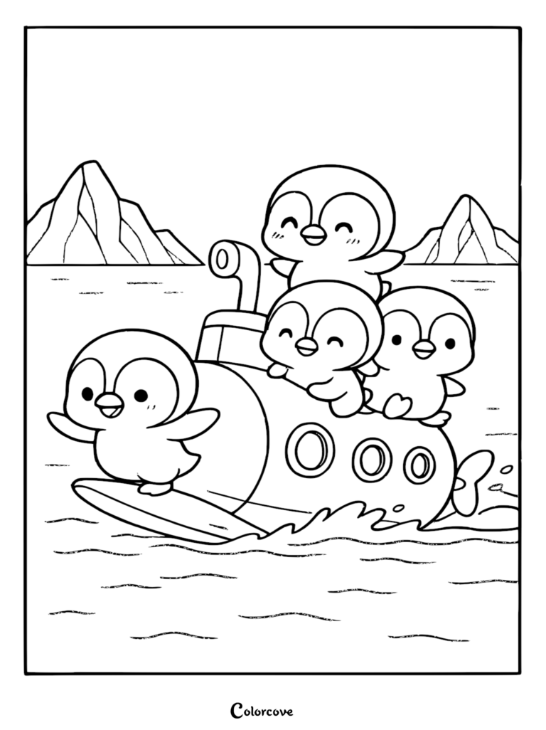 Four adorable cartoon penguins playing on and around a submarine in the ocean, featured in a printable coloring page.