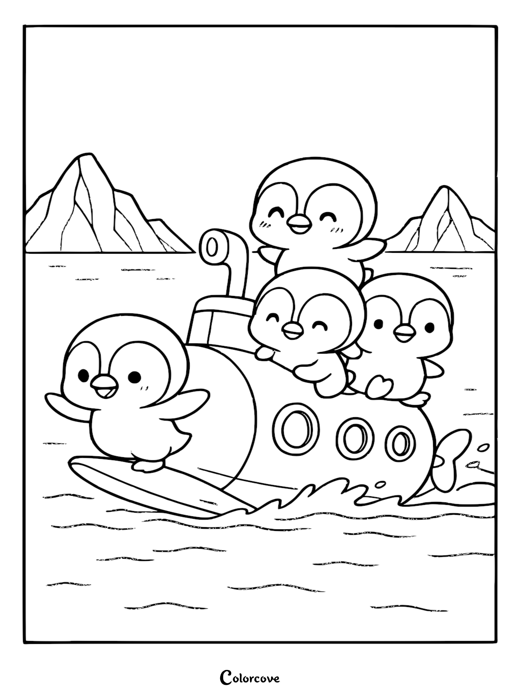 Four adorable cartoon penguins playing on and around a submarine in the ocean, featured in a printable coloring page.