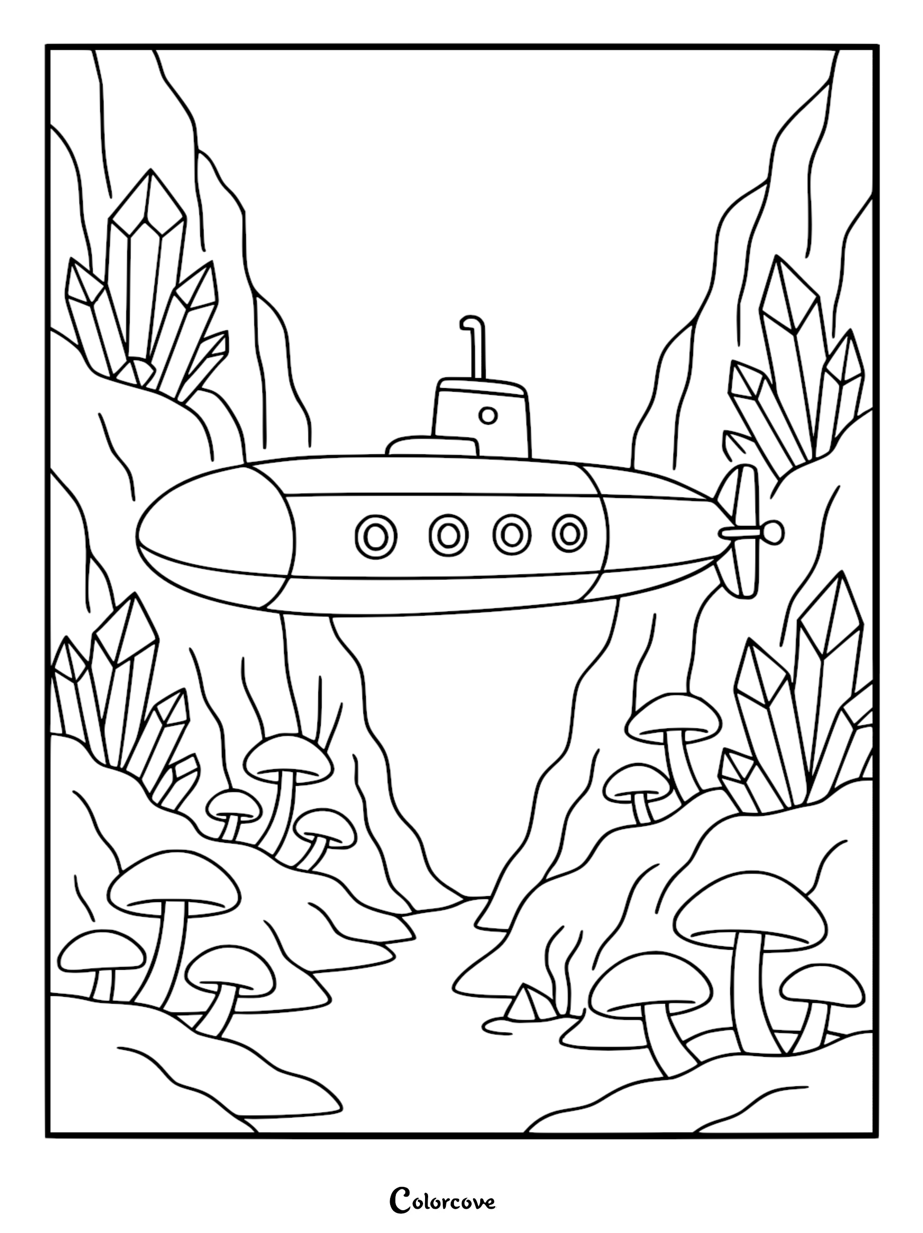 A printable submarine coloring page featuring a vessel floating between giant jagged crystals and sea floor mushrooms.