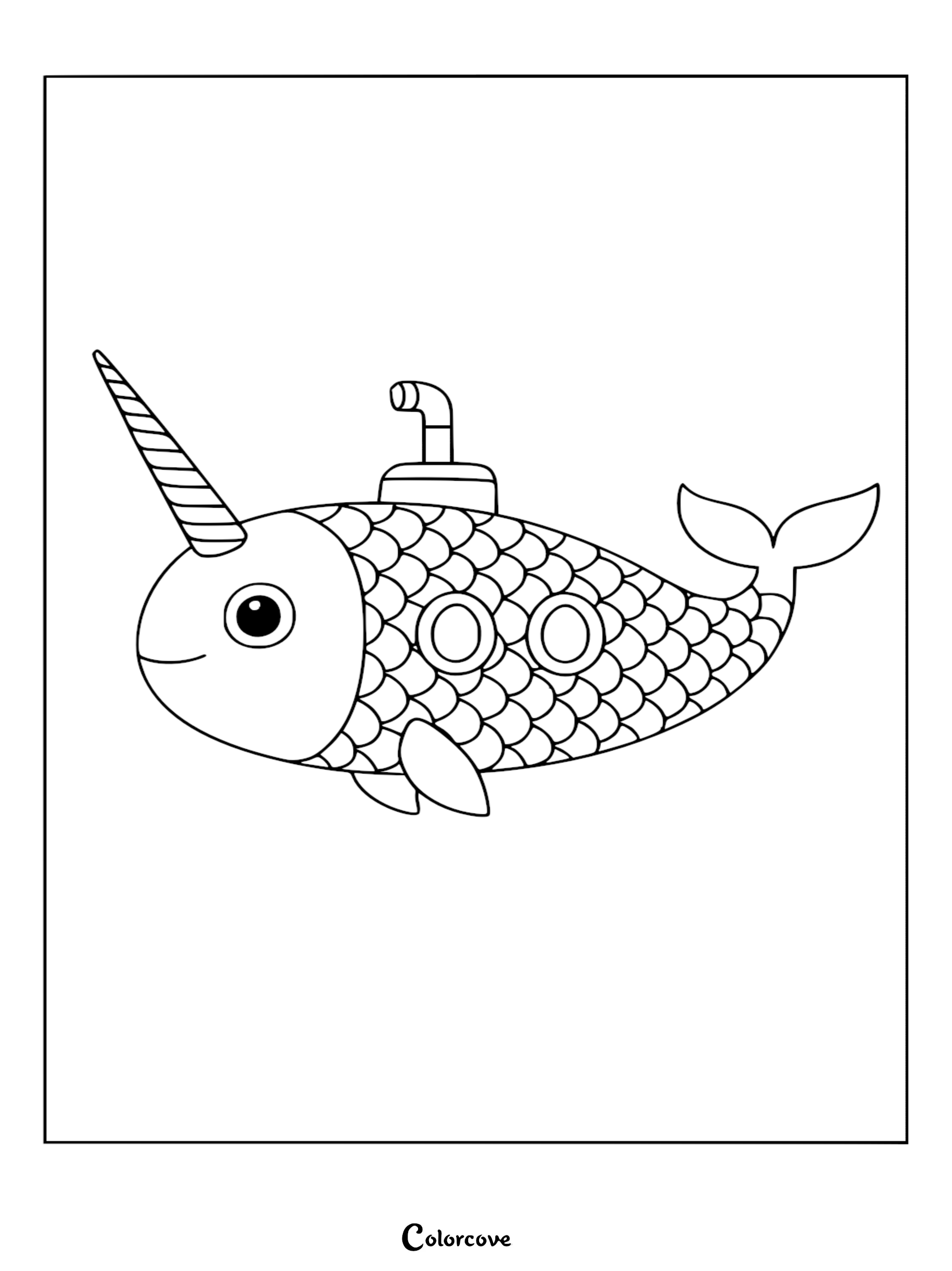 A whimsical narwhal shaped submarine coloring page with fish scales, a periscope, and two circular windows.