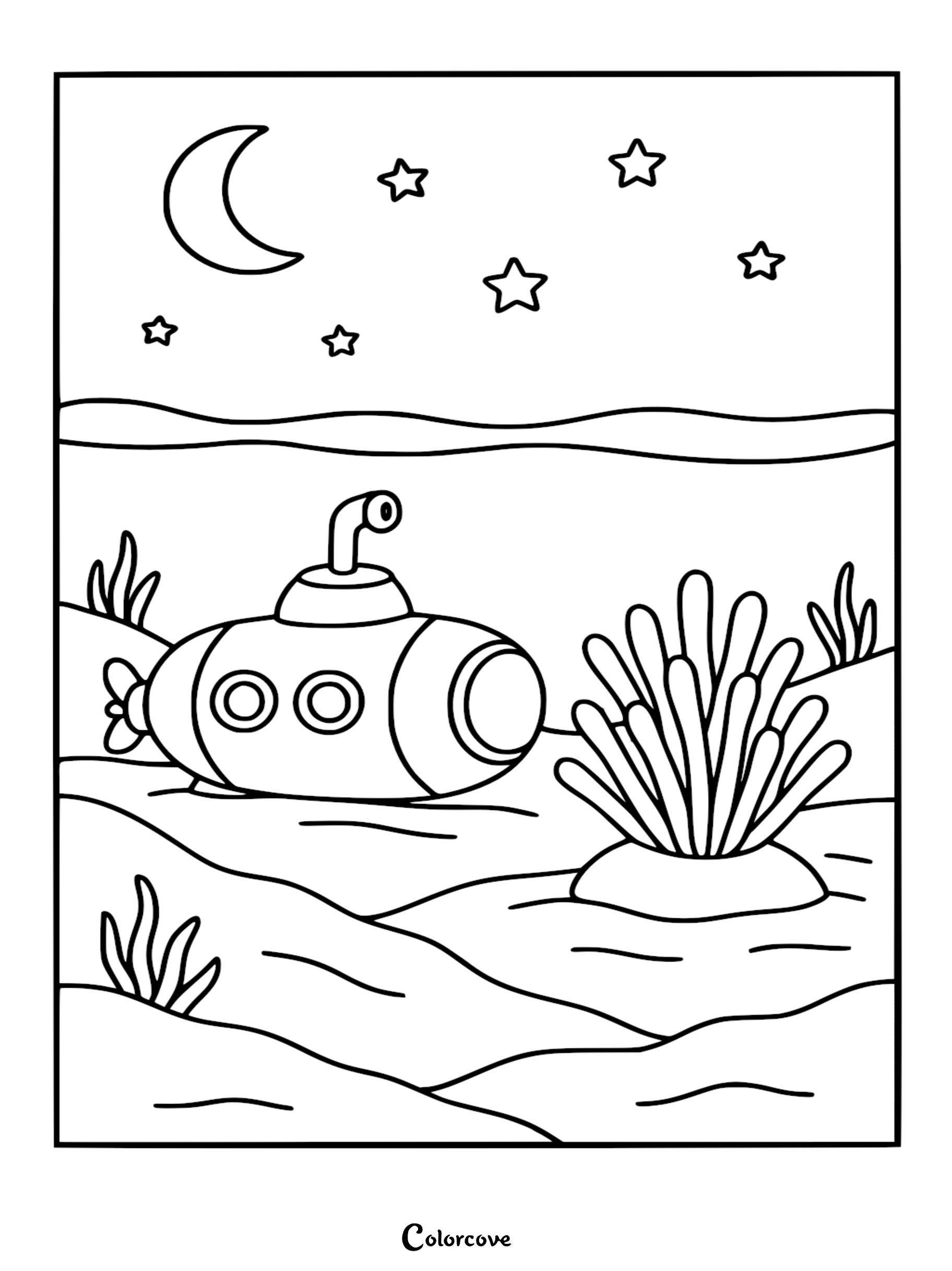 A submarine coloring page featuring a cute rounded vessel resting on the ocean floor, surrounded by coral and seaweed under a night sky with a crescent moon and stars.