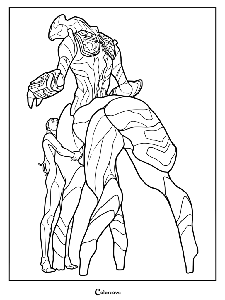 A black and white line art coloring page featuring Robin Ayou embracing the towering, geometric Architect entity AL-AN in a serene pose.