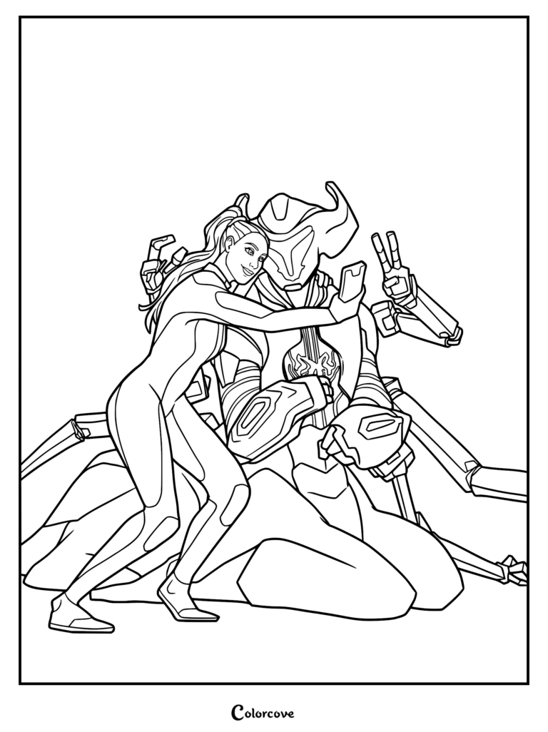 Robin Ayou taking a selfie with the Architect entity AL-AN in a cute line art coloring page style.
