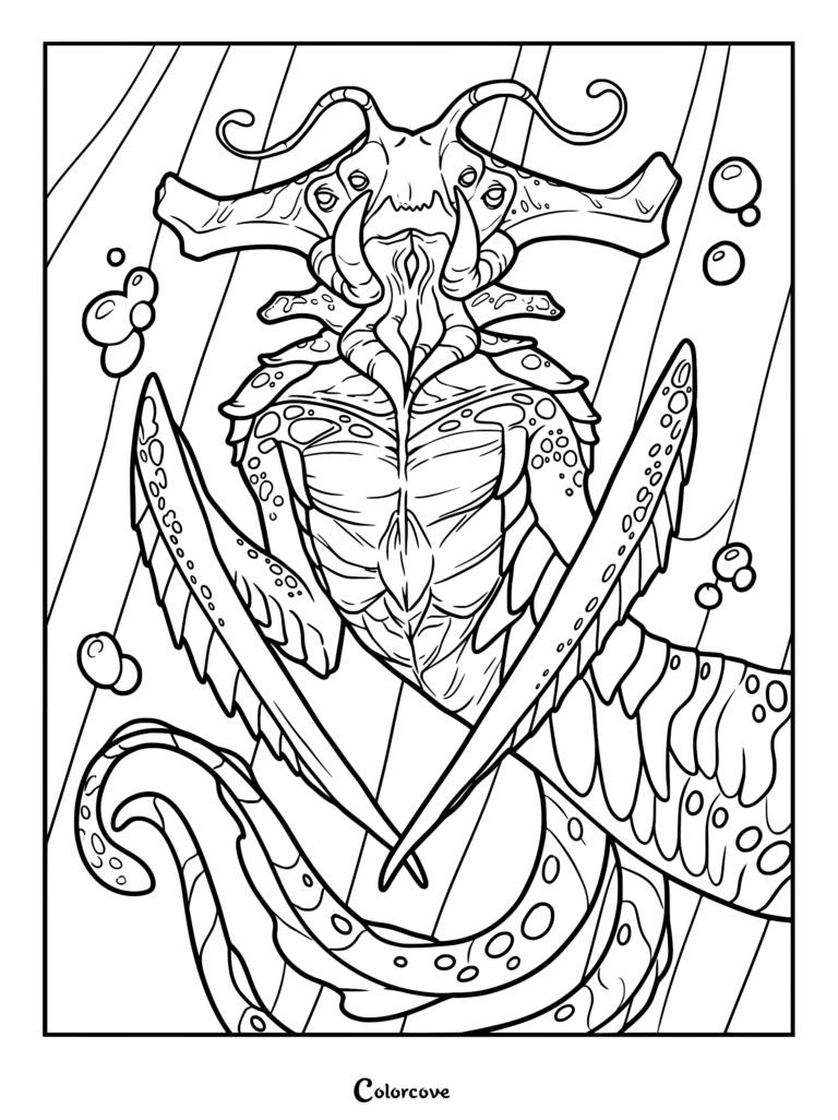 A detailed line art coloring page of a Reaper Leviathan showing its massive serpentine body, distinct crab-like mandibles, and textured scales surrounded by floating bubbles.