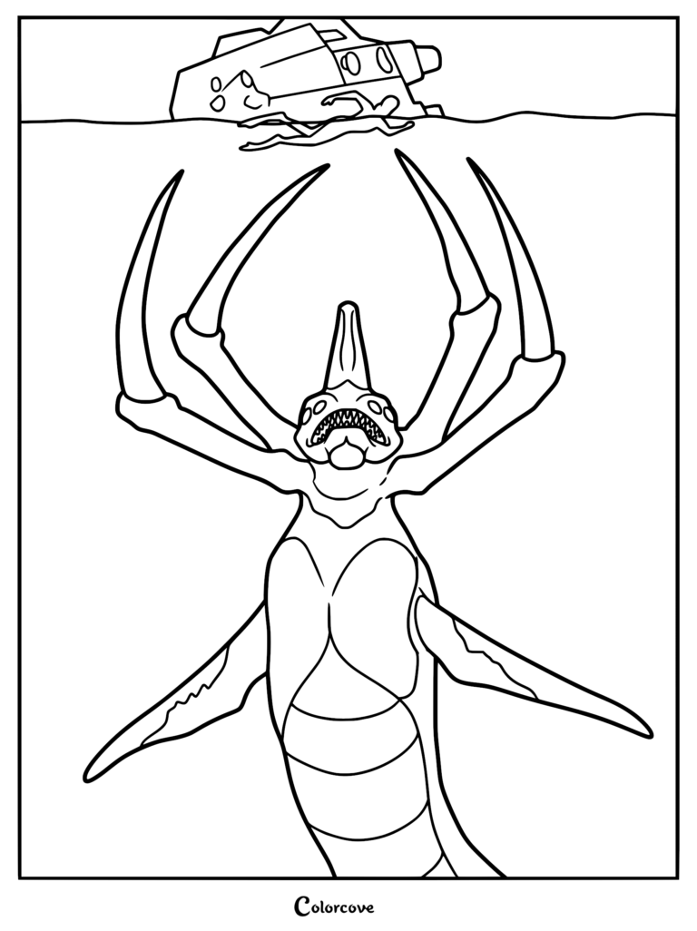 A printable Subnautica coloring page featuring a massive, serpentine Reaper Leviathan lurking underwater while Ryley Robinson swims near a submerged vehicle surface.
