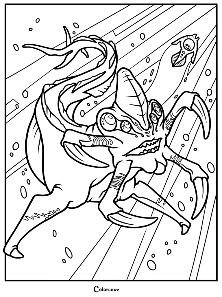 A detailed coloring page featuring a threatening Reaper Leviathan with large mandibles chasing a small Peeper through underwater currents.
