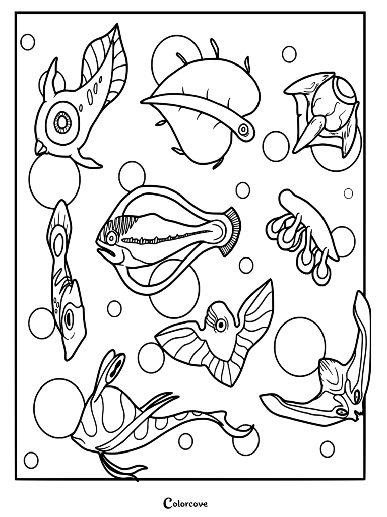 A detailed coloring page featuring a collage of Subnautica alien fauna, including a Peeper, various aquatic life, and bubbles floating in the background.