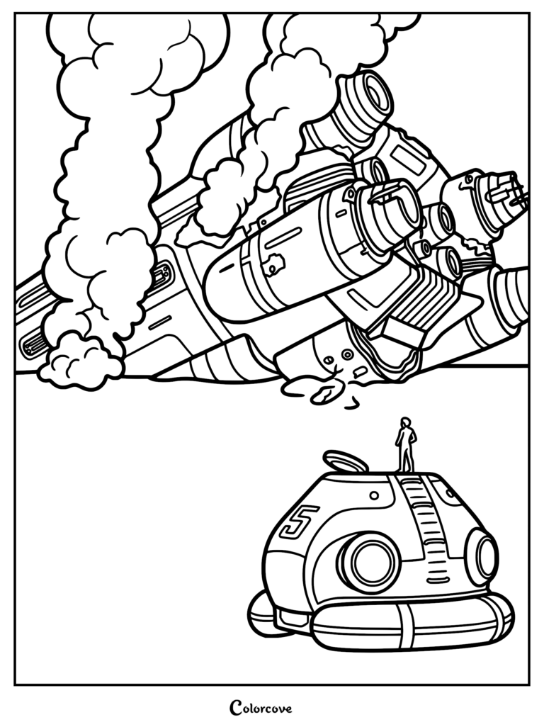 Line art coloring page of Ryley Robinson standing atop his emergency Life Pod 5, looking up at the smoking, crashed Aurora spaceship debris in the sky.