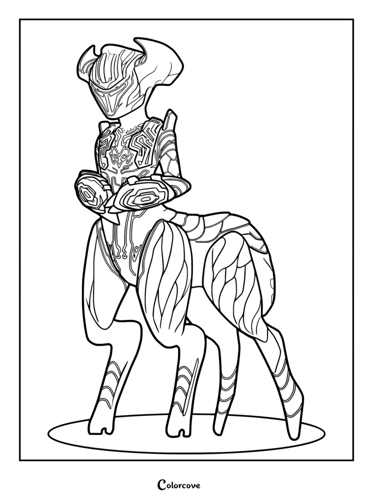 A detailed line art coloring page of the Architect entity AL-AN standing in a unique centaur-like form, showcasing complex geometric chest plating, helmet features, and segmented lower limbs.